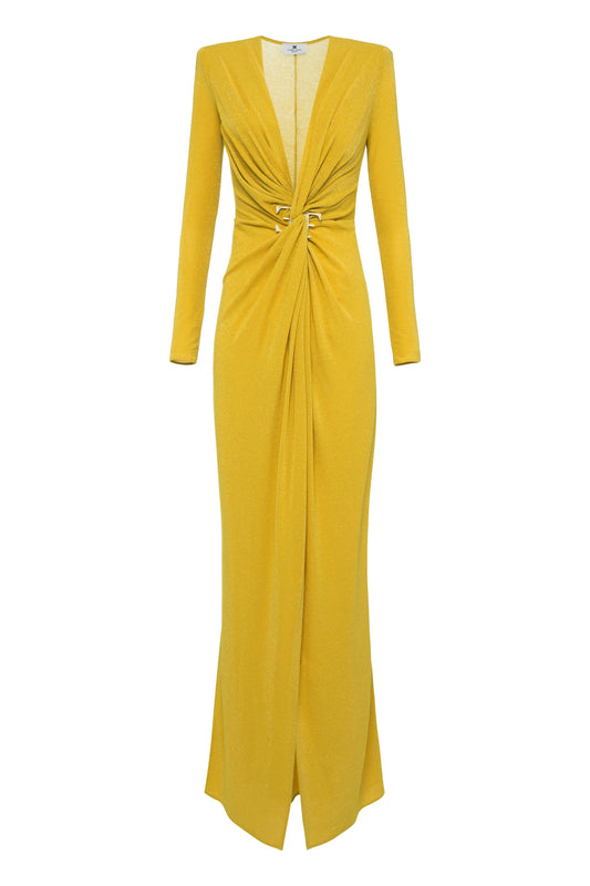 Red carpet dress in lurex jersey with knot and logo accessory