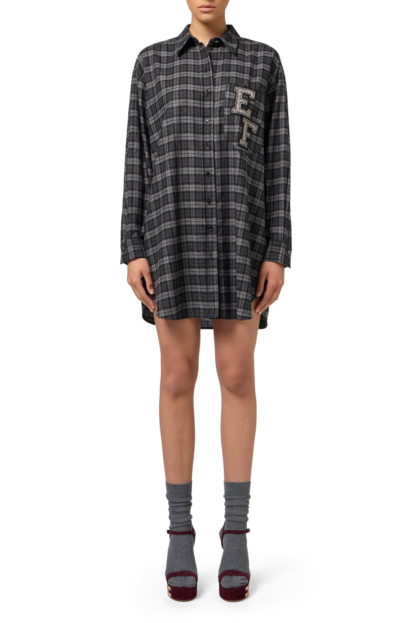 Wool tartan shirt dress with embroidered patch