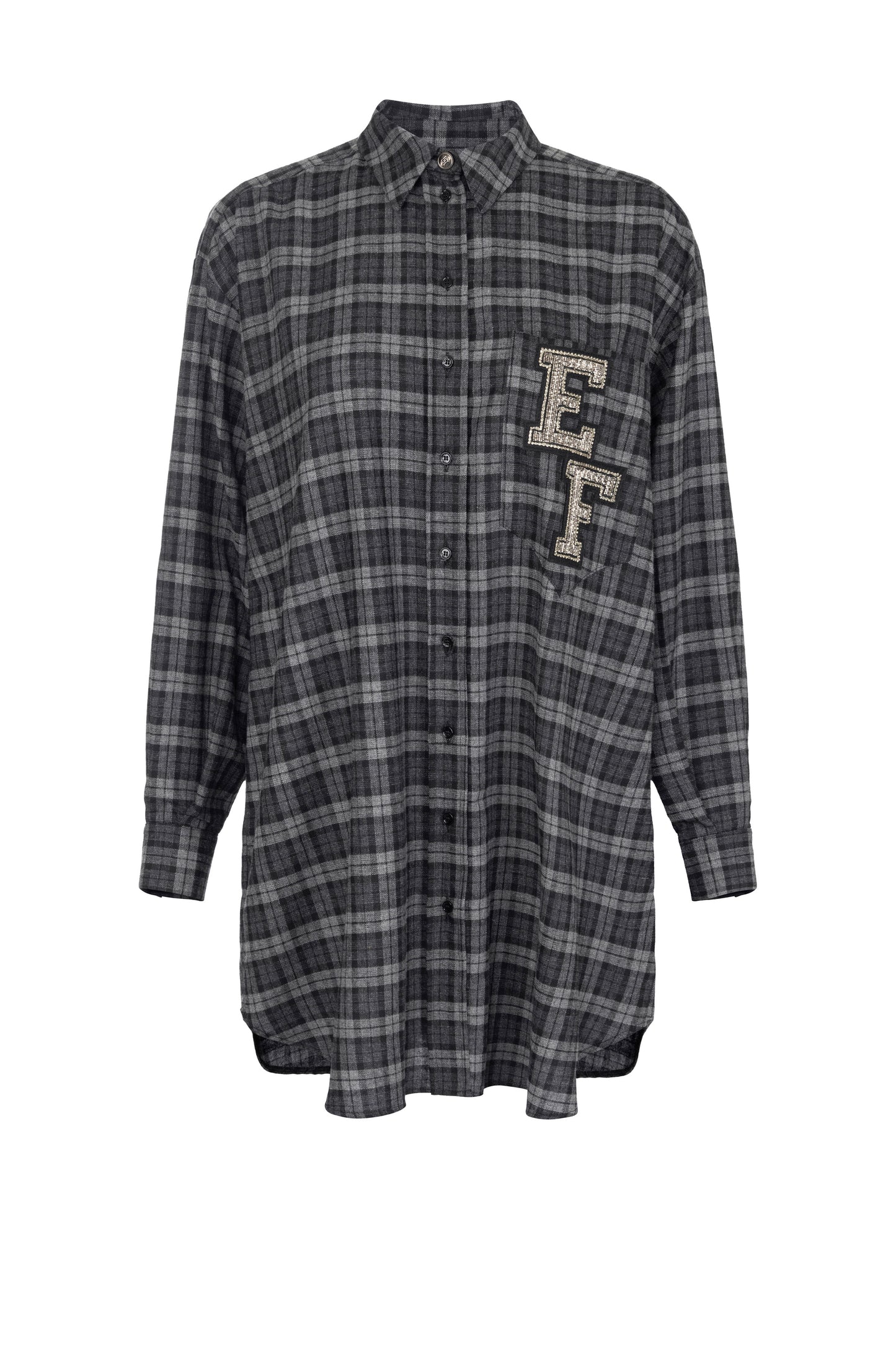 Wool tartan shirt dress with embroidered patch