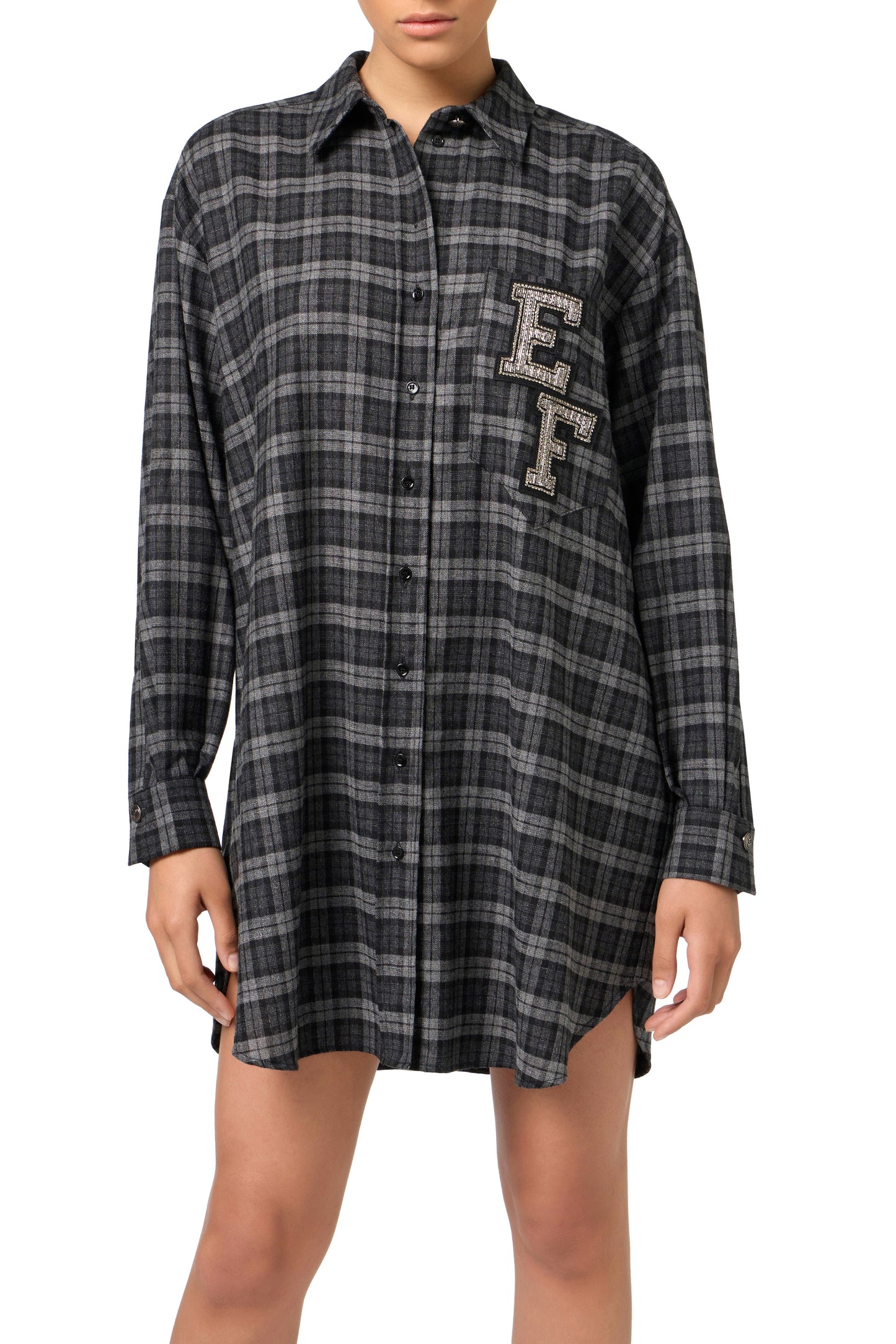 Wool tartan shirt dress with embroidered patch