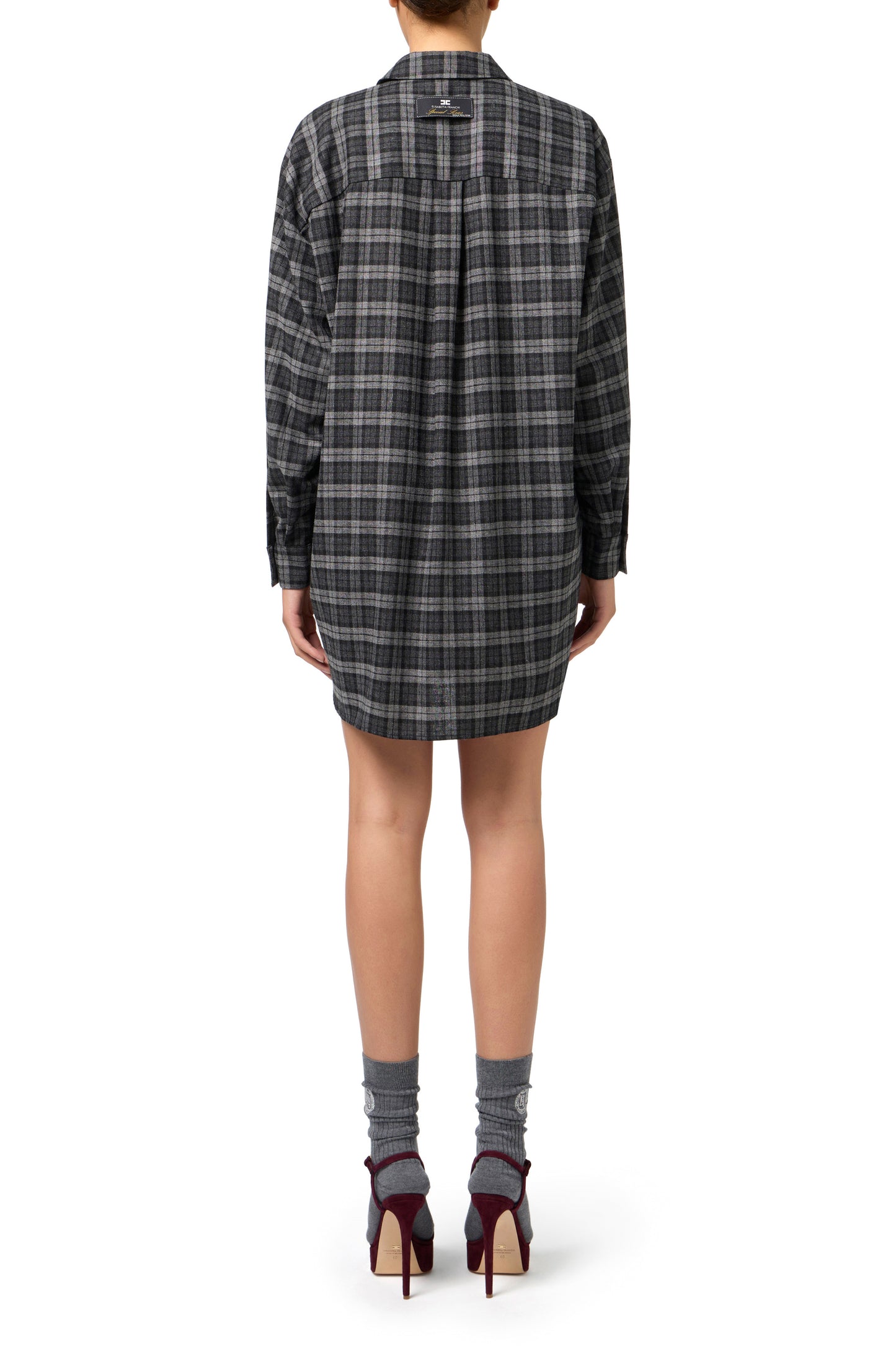 Wool tartan shirt dress with embroidered patch