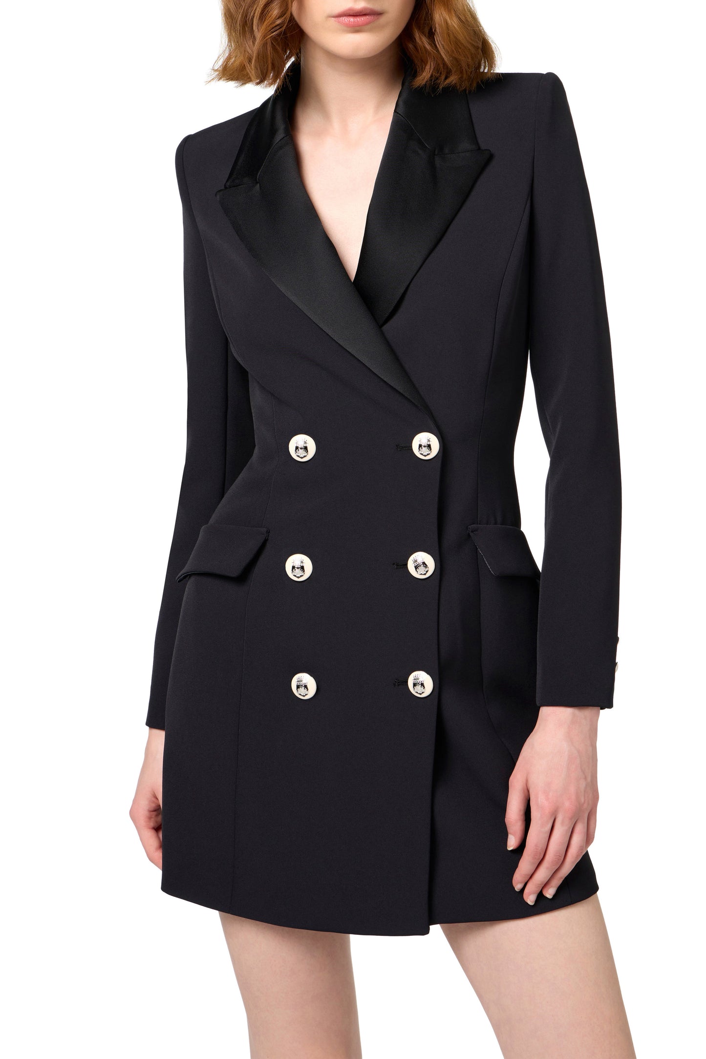 Coat dress in stretch crêpe fabric with satin lapels