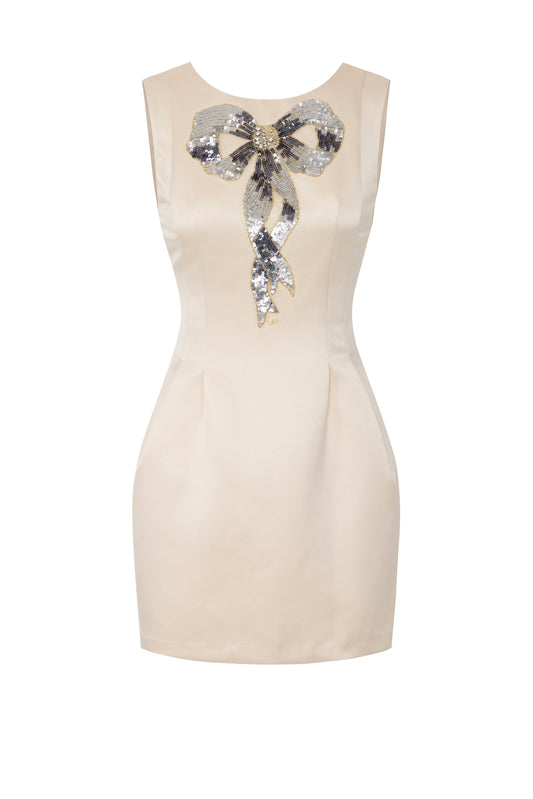 Dress in duchesse satin with sequins bow