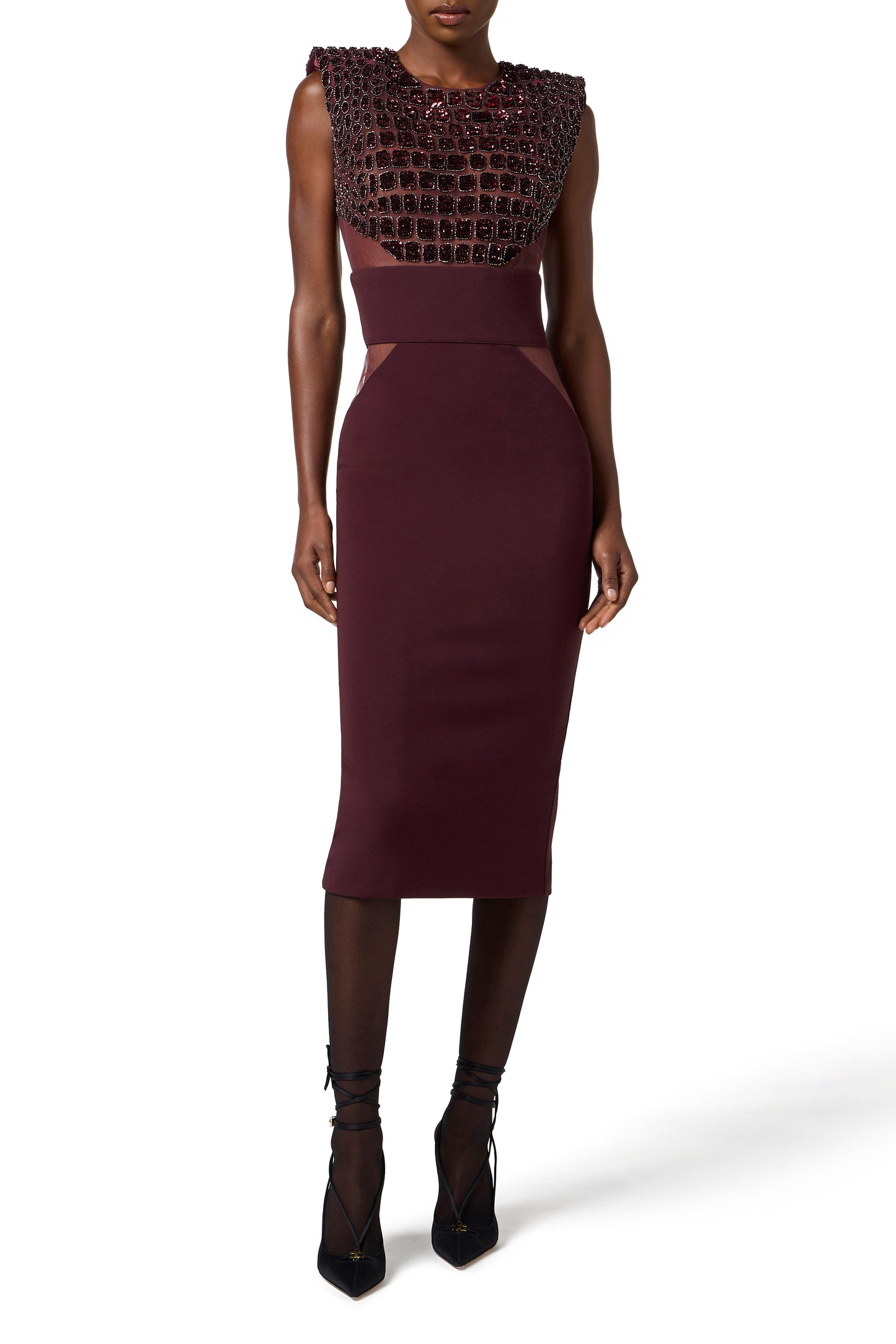 Dress in lightweight crêpe and tulle fabrics with crocodile-effect embroideries