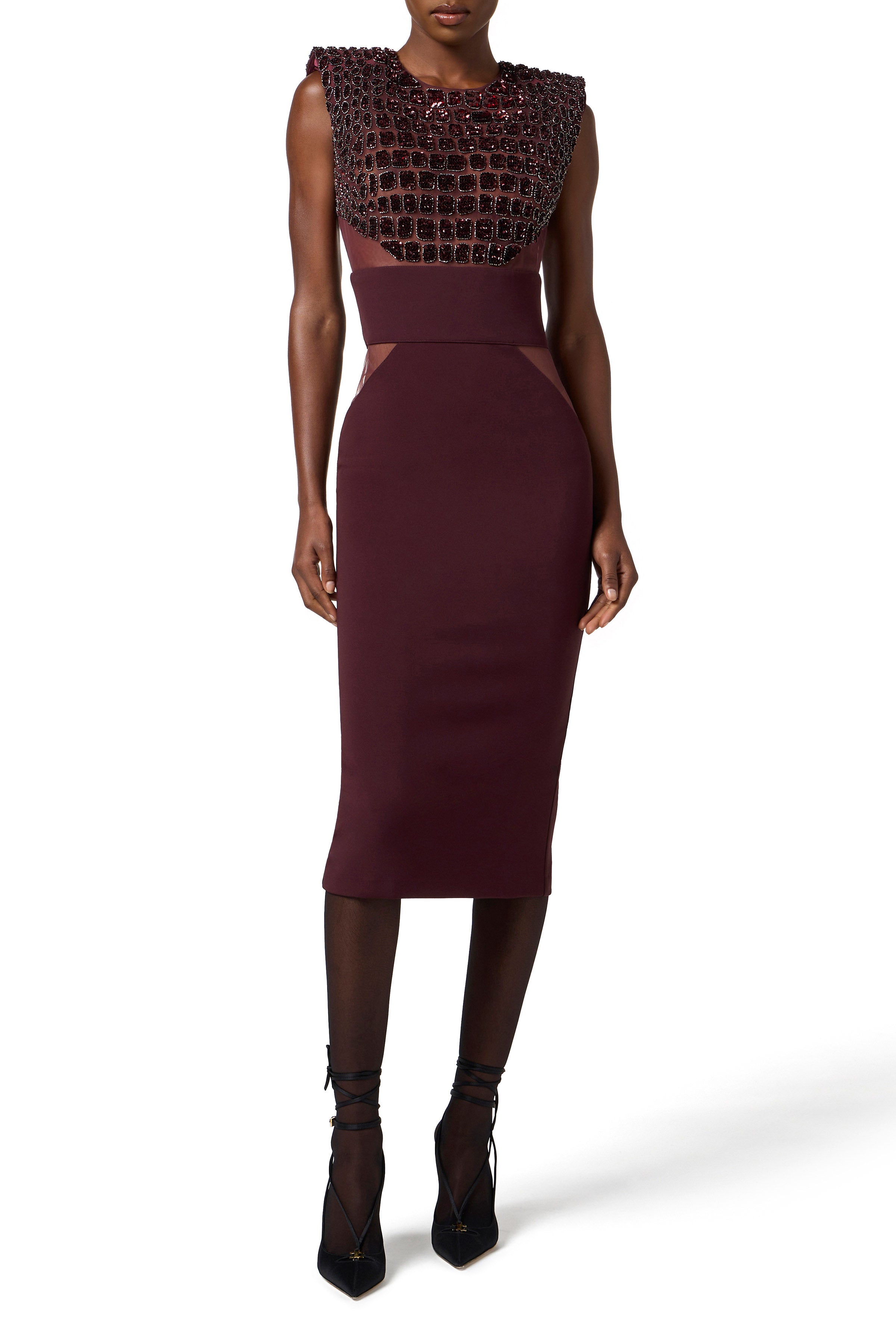 Dress in lightweight crêpe and tulle fabrics with crocodile-effect embroideries