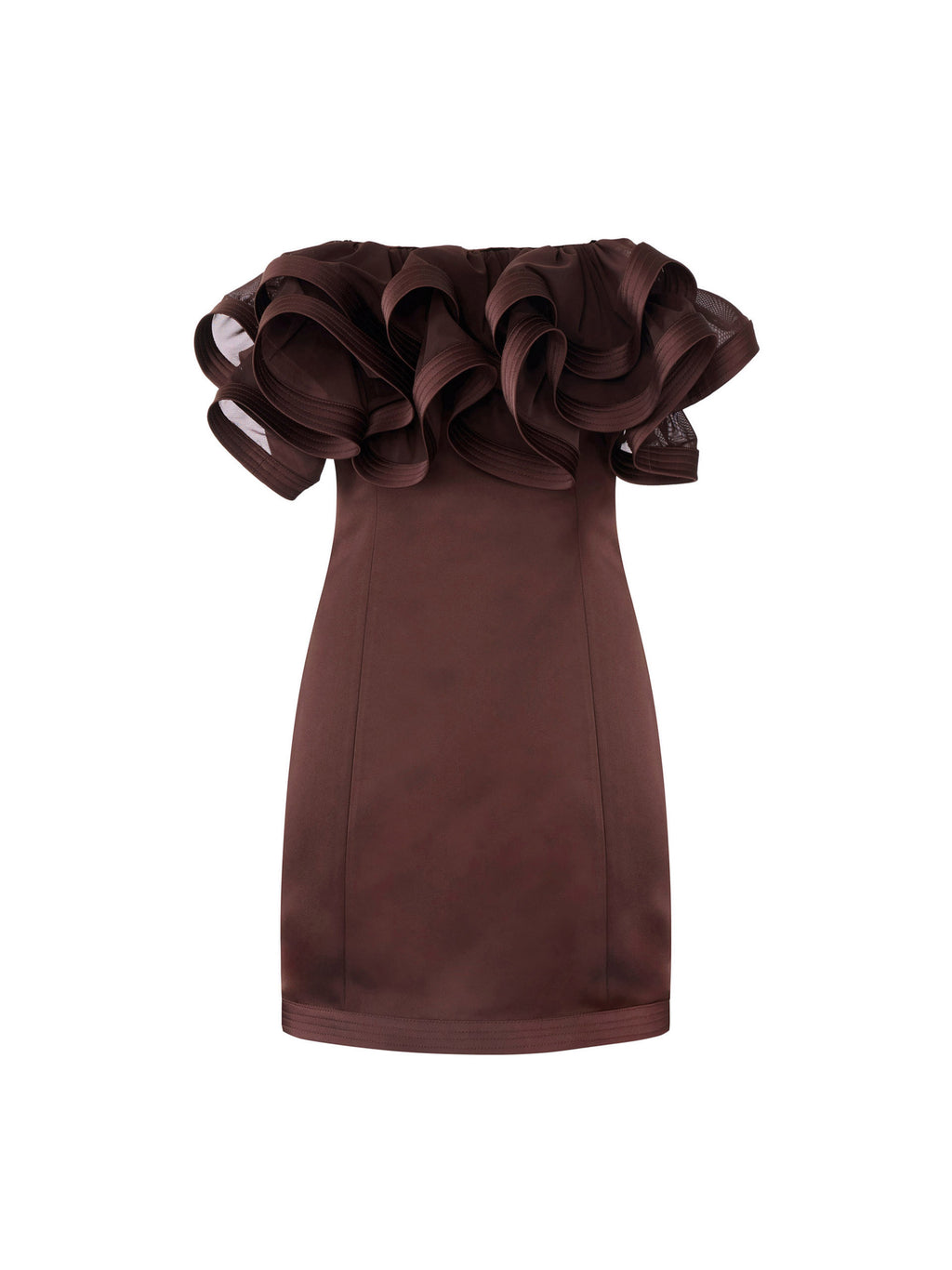 Mini dress in duchess satin with maxi ruffles