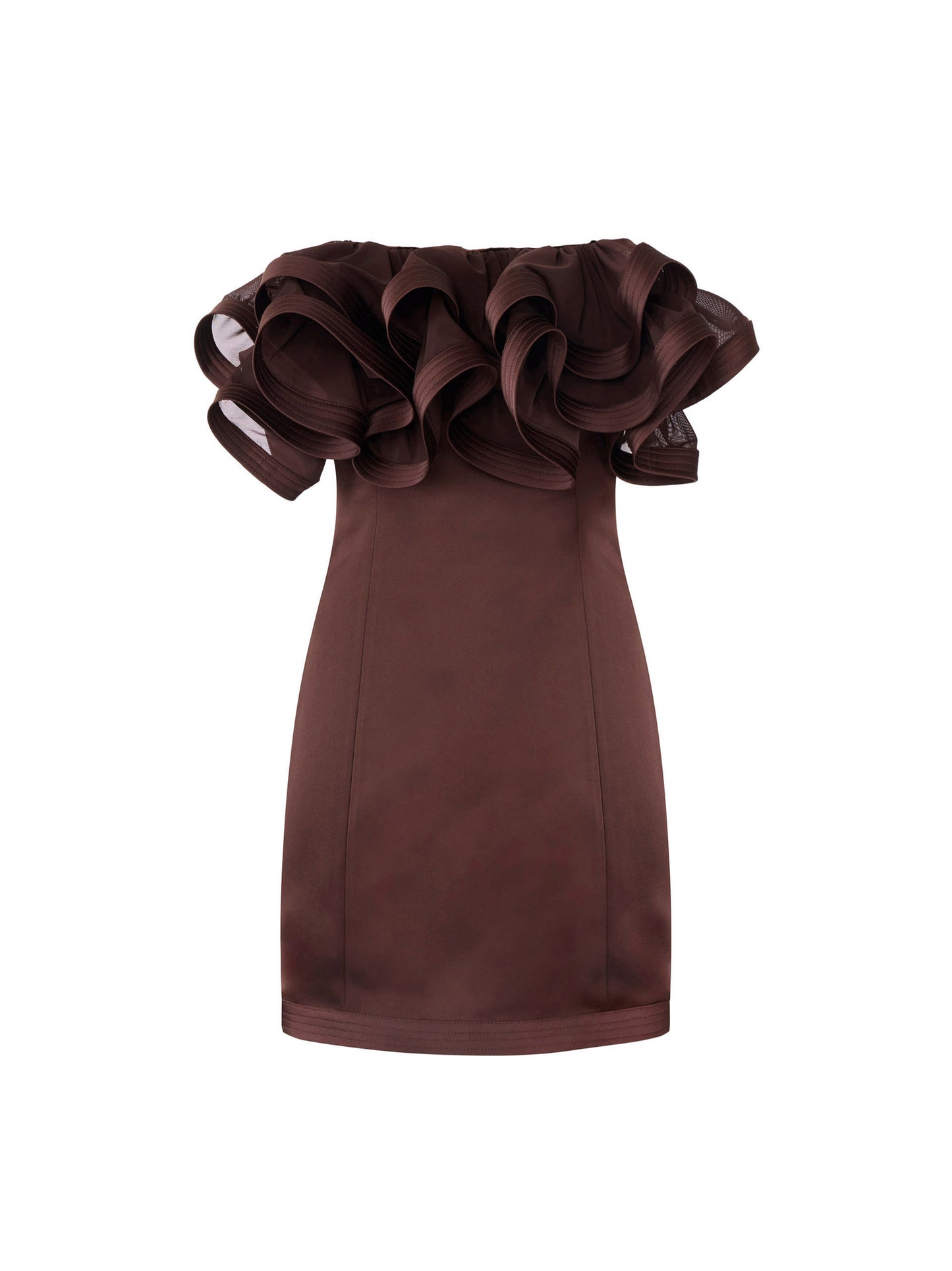 Mini dress in duchess satin with maxi ruffles