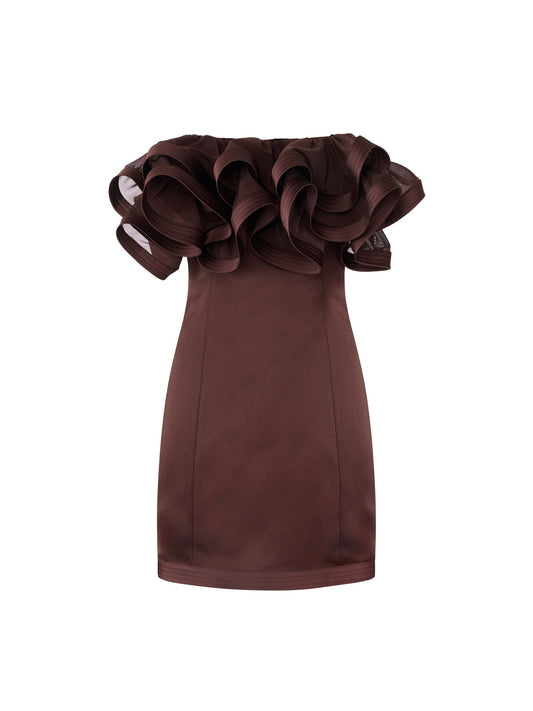 Mini dress in duchess satin with maxi ruffles