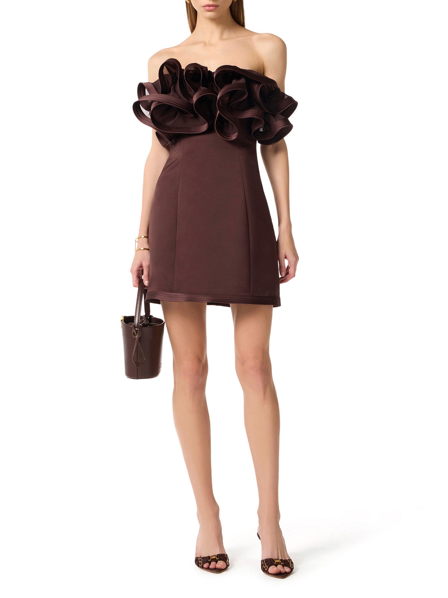 Mini dress in duchess satin with maxi ruffles