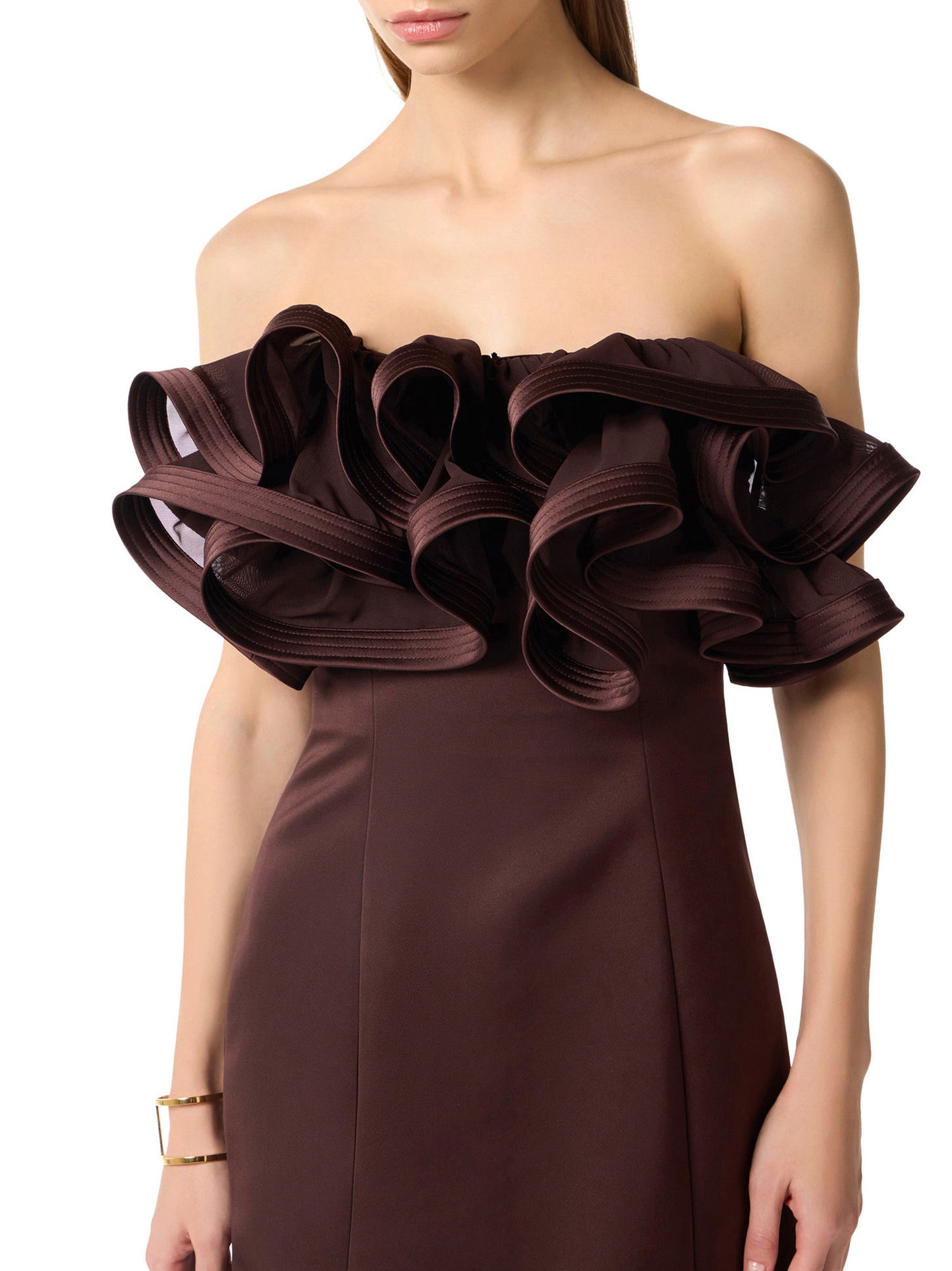 Mini dress in duchess satin with maxi ruffles