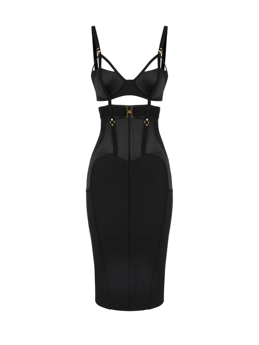 Bustier dress in lightweight crêpe and satin fabrics