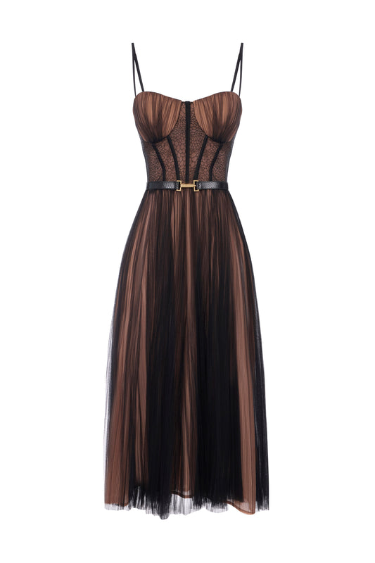 Bustier dress in tulle fabric with belt
