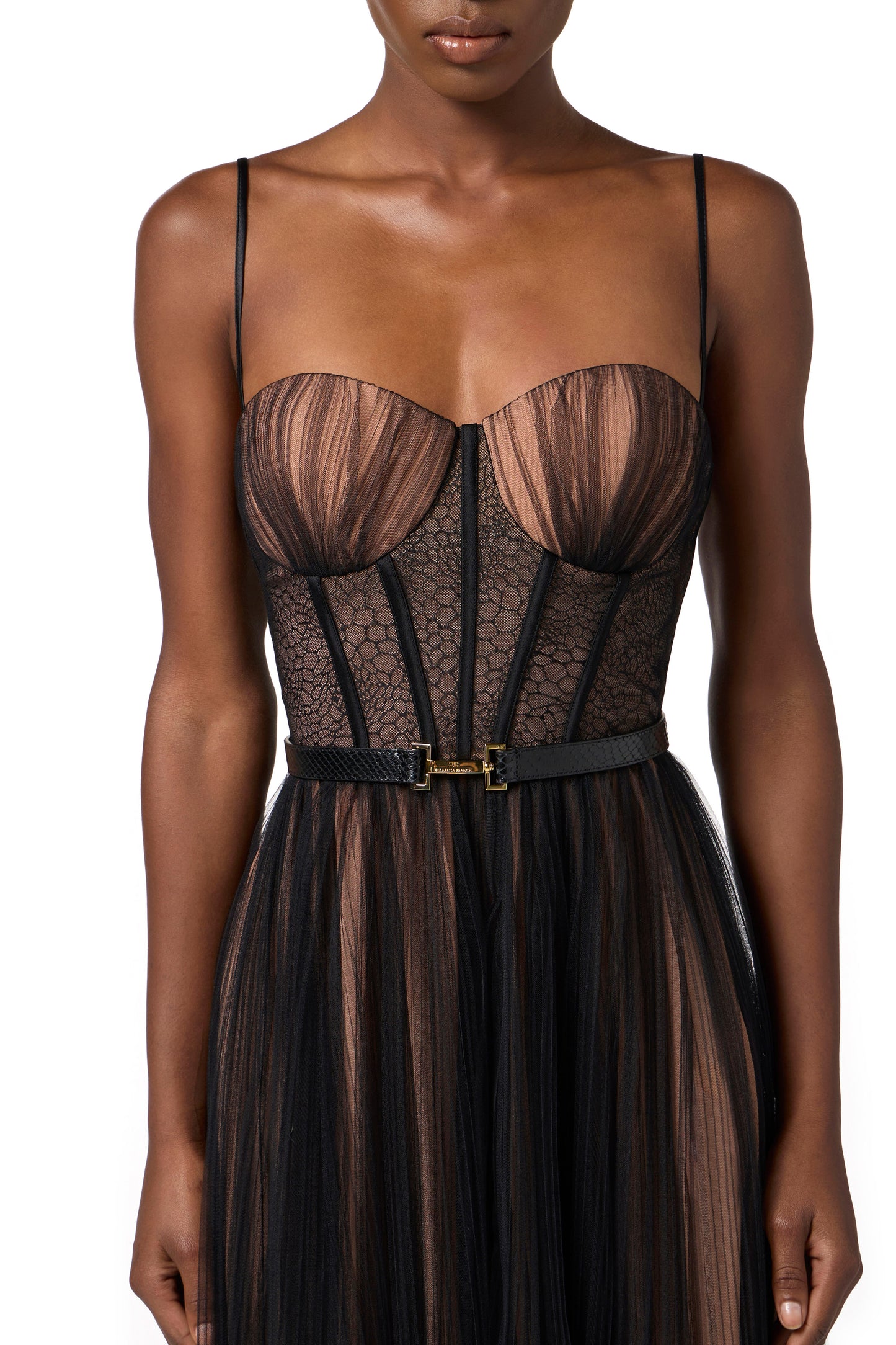Bustier dress in tulle fabric with belt