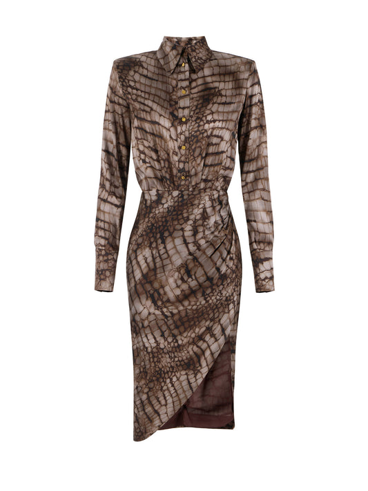 Dress in stretch satin fabric with alligator print