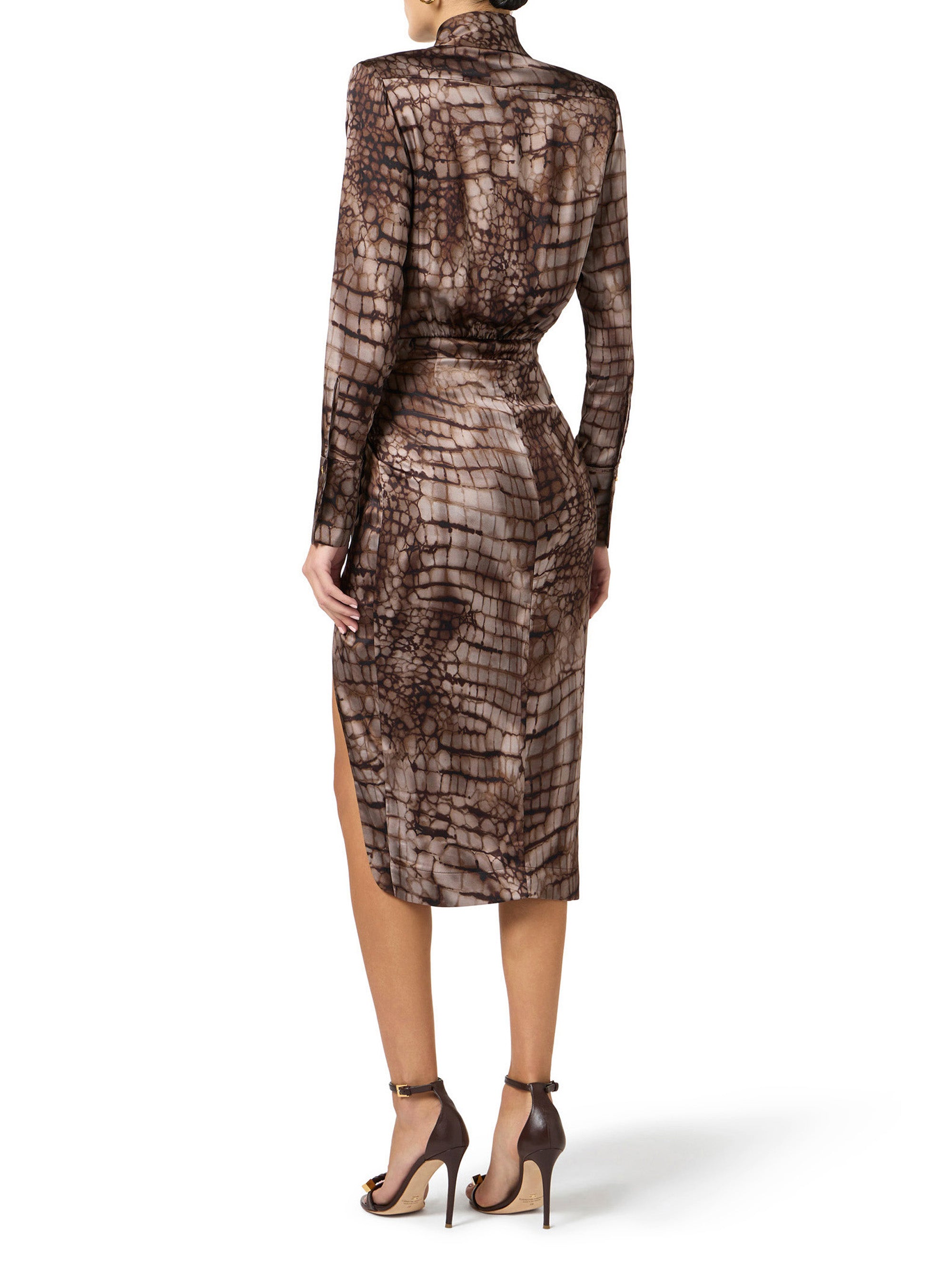 Dress in stretch satin fabric with alligator print