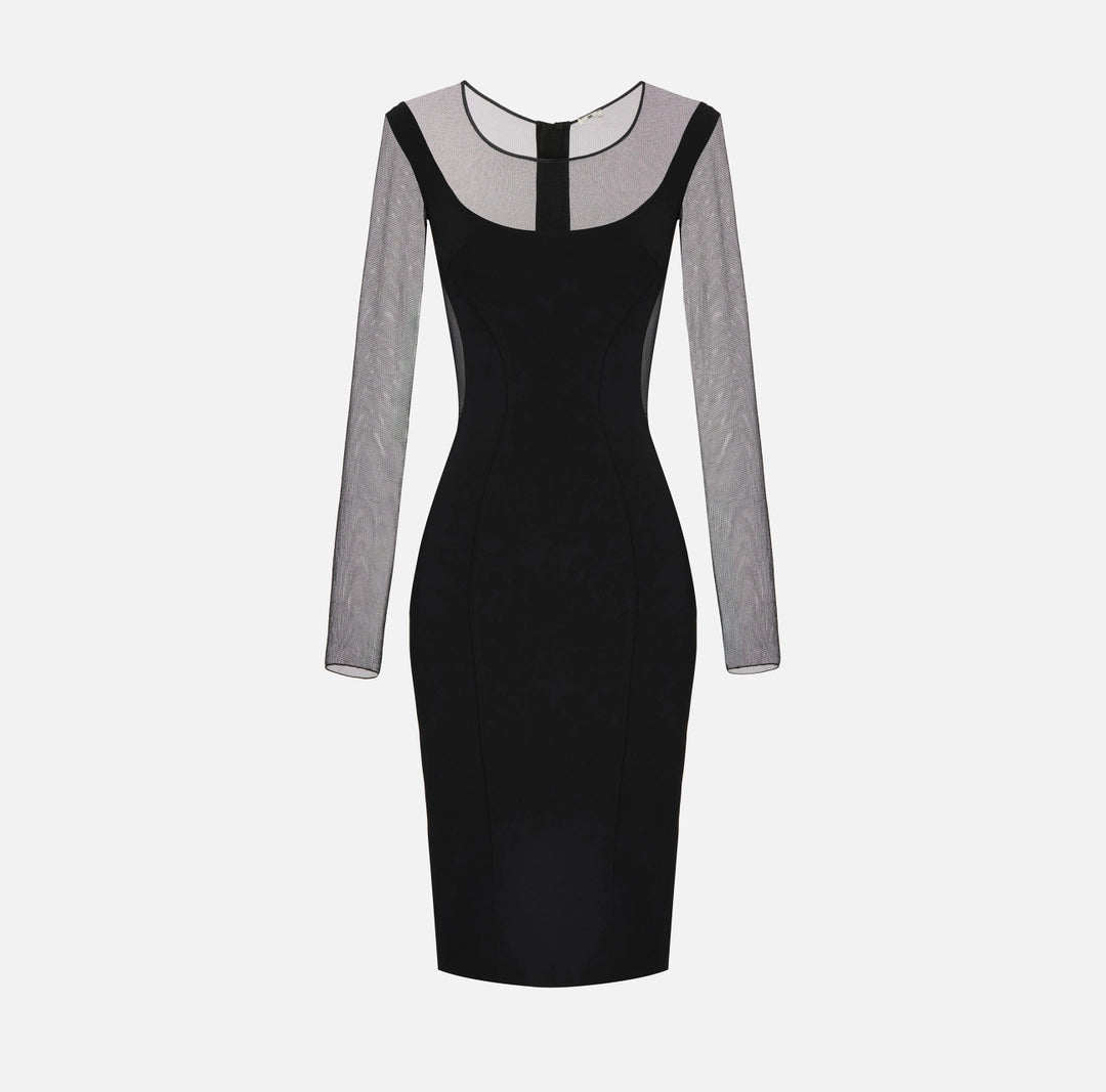 Dress in lightweight crêpe and tulle fabrics with cut-outs