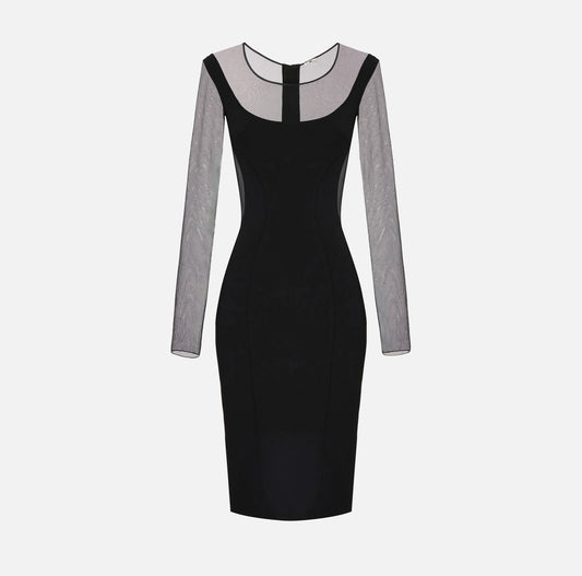 Dress in lightweight crêpe and tulle fabrics with cut-outs