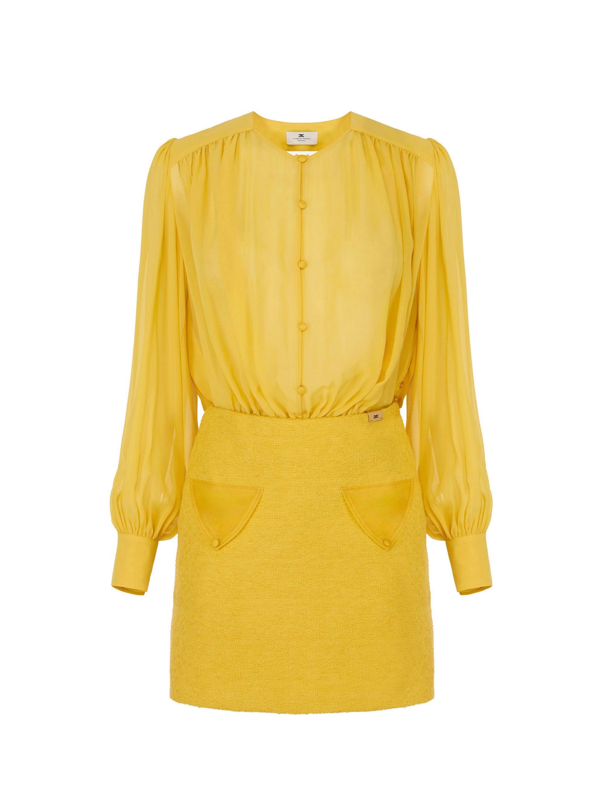 Dress in georgette and bouclé tweed fabrics