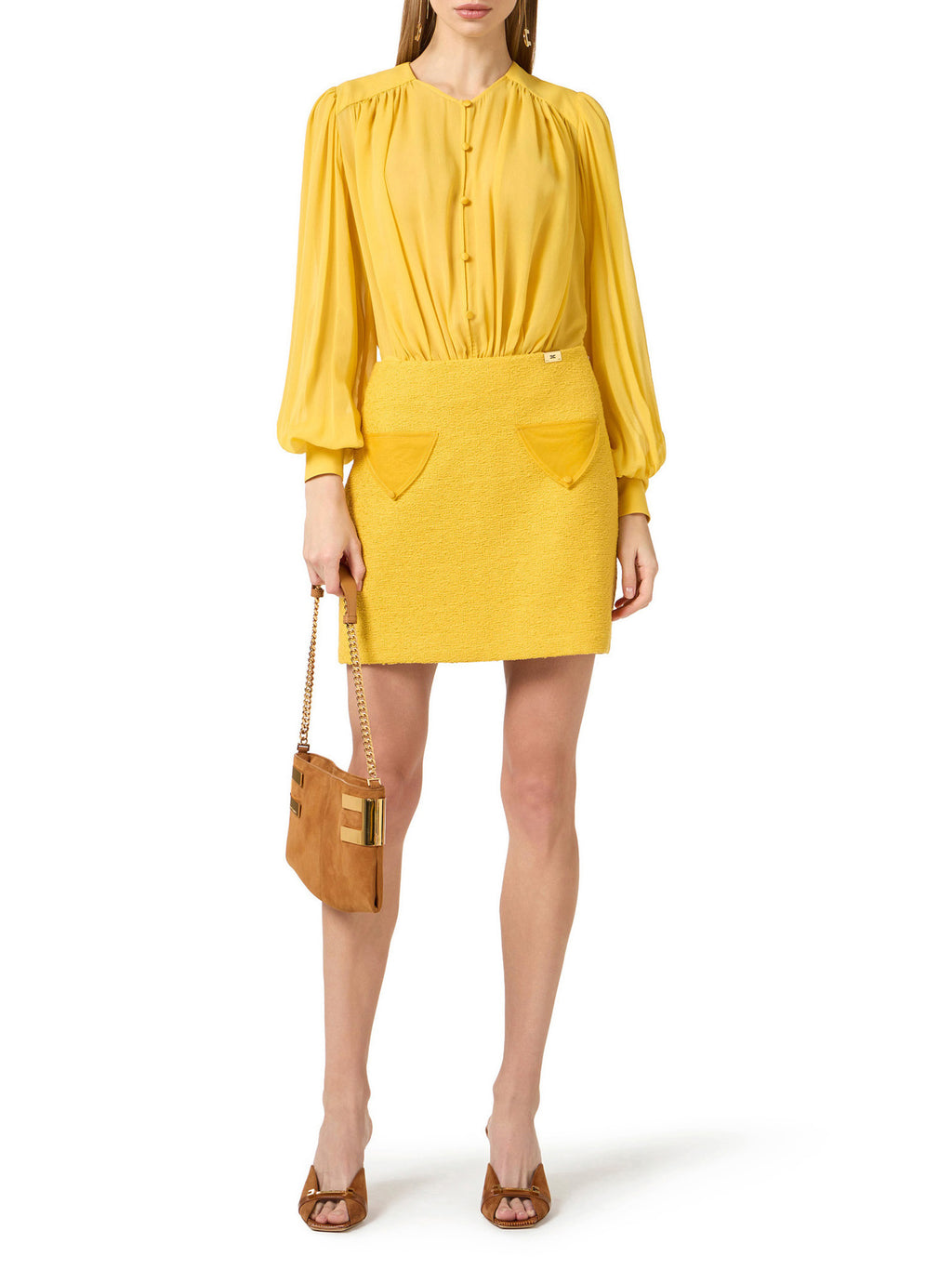 Dress in georgette and bouclé tweed fabrics
