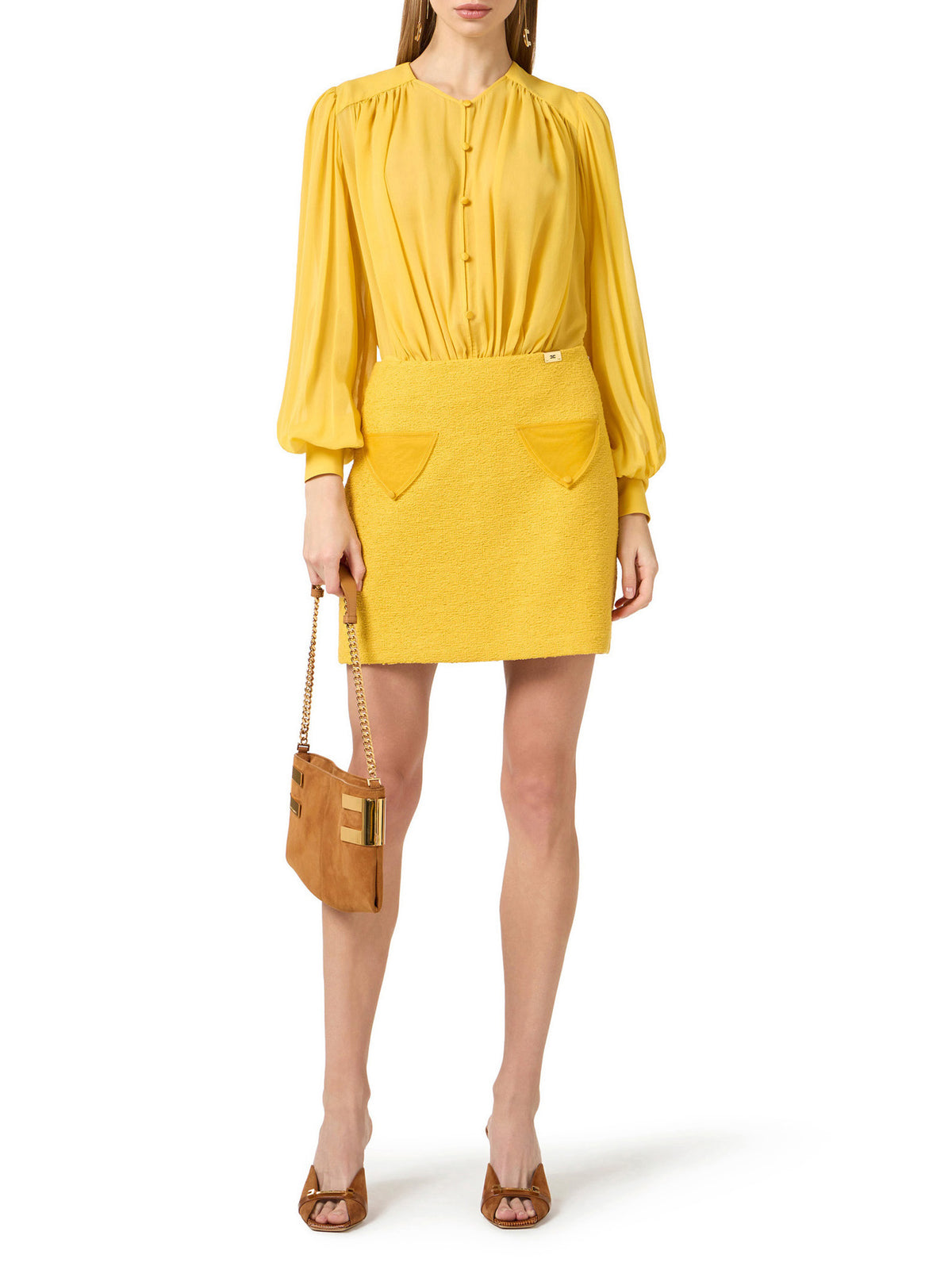 Dress in georgette and bouclé tweed fabrics