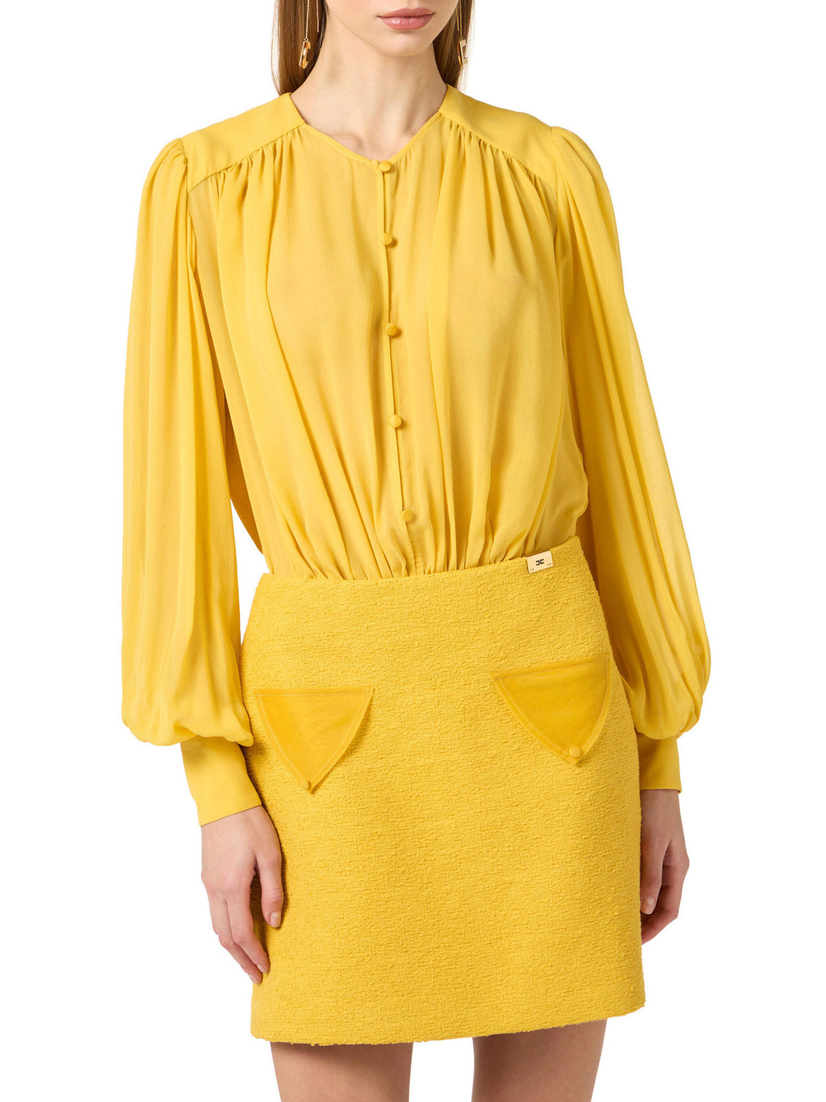 Dress in georgette and bouclé tweed fabrics