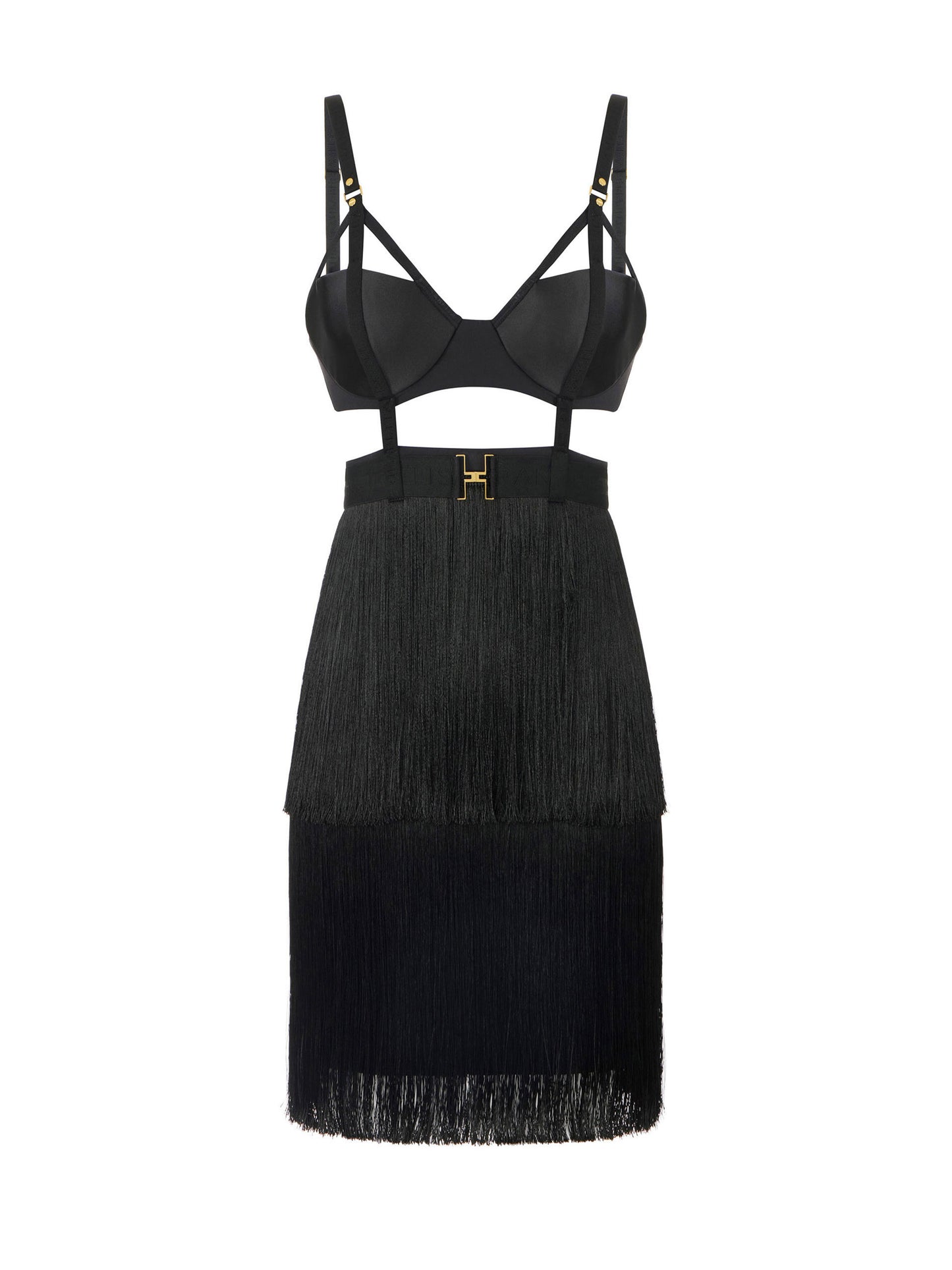 Mini dress in lightweight crêpe fabric with fringes