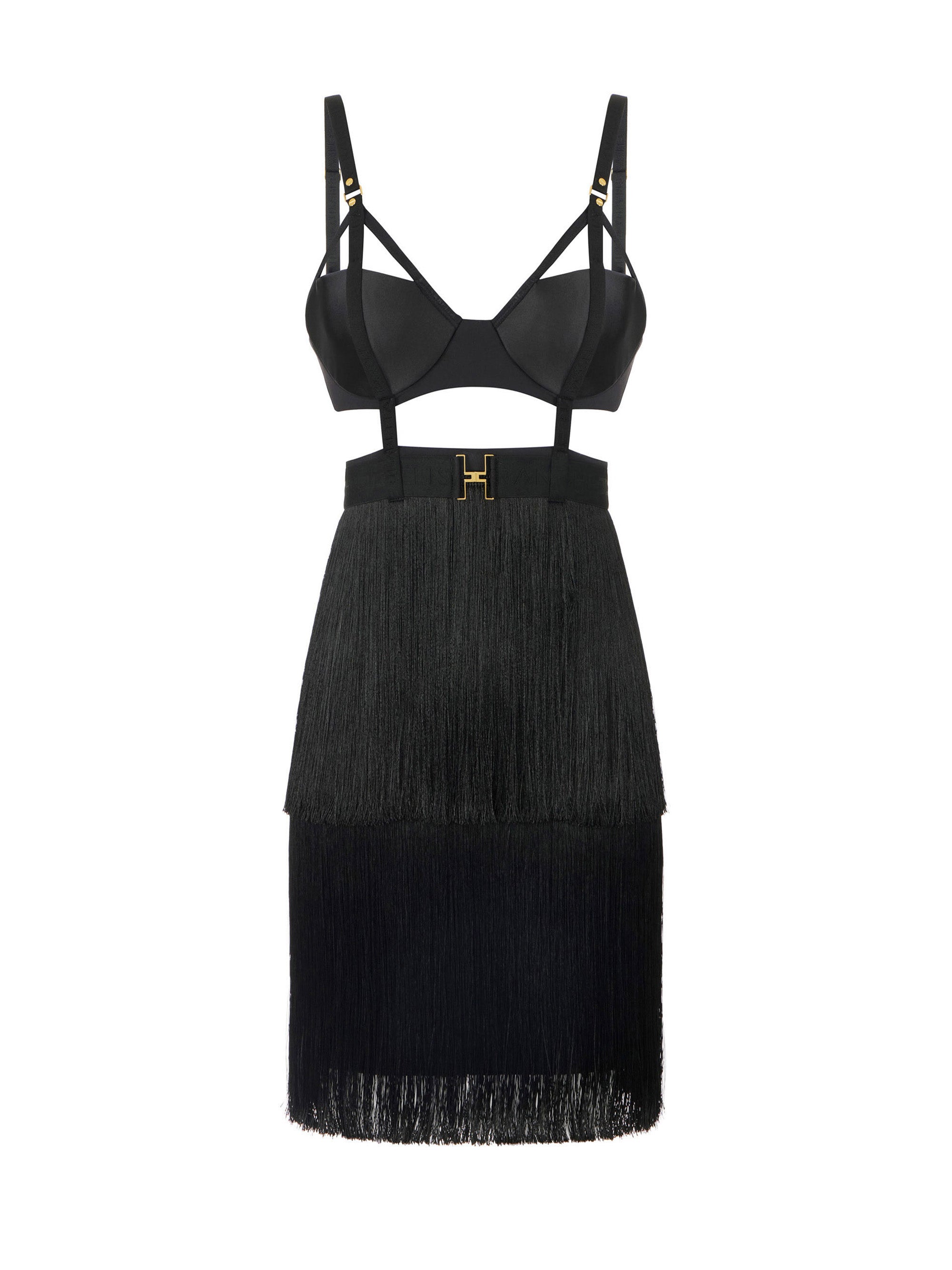 Mini dress in lightweight crêpe fabric with fringes