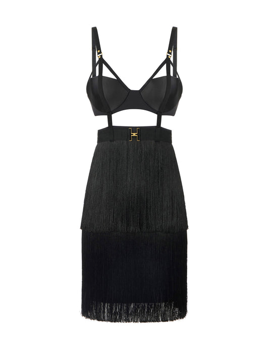 Mini dress in lightweight crêpe fabric with fringes