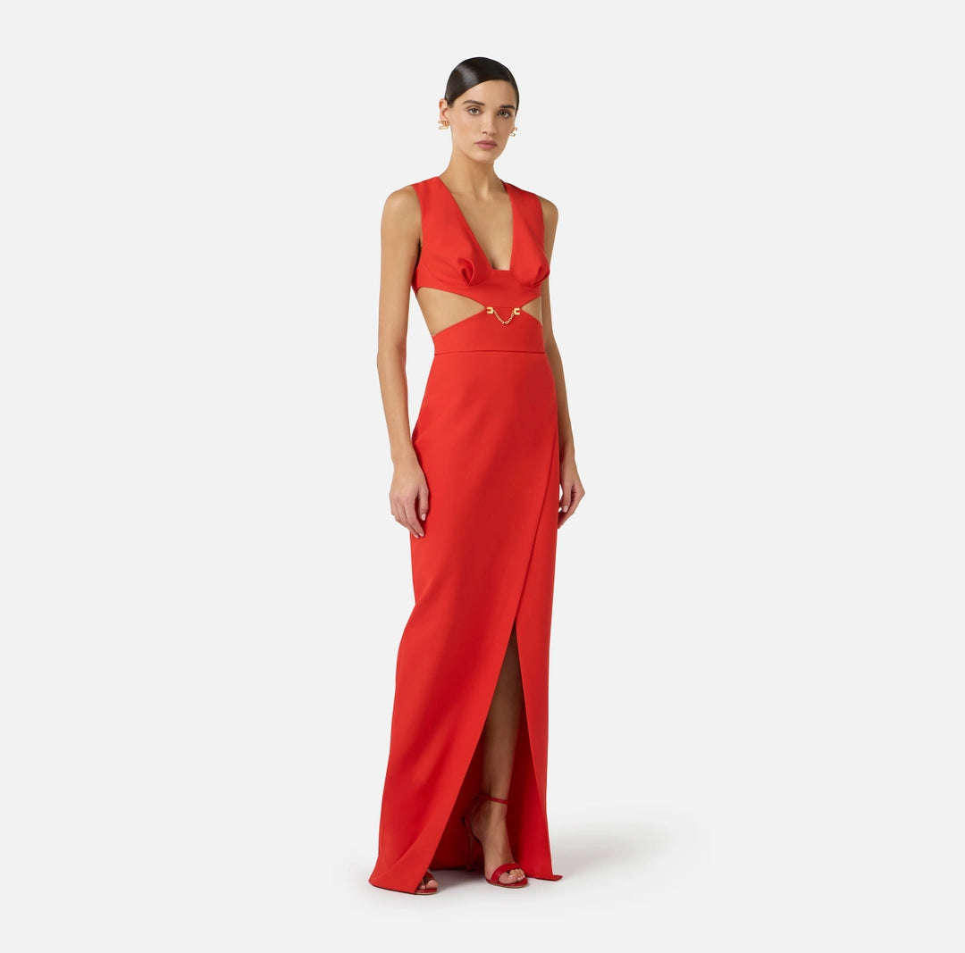Red Carpet dress in lightweight crêpe fabric with cut-outs