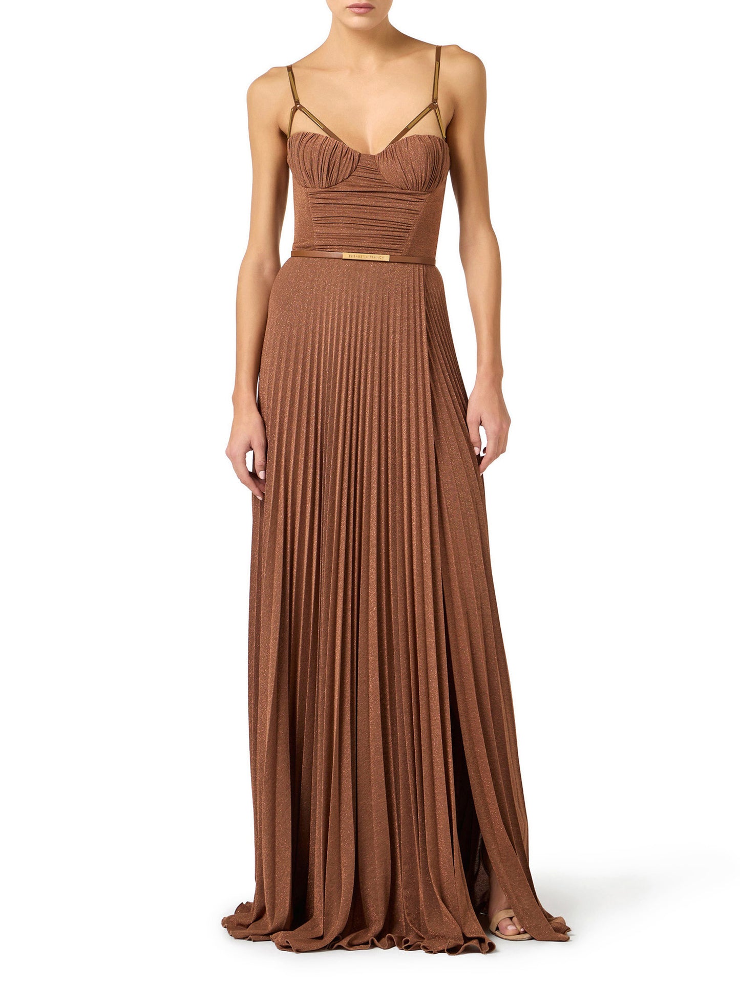 Red Carpet dress made of lamé-effect jersey fabric with belt