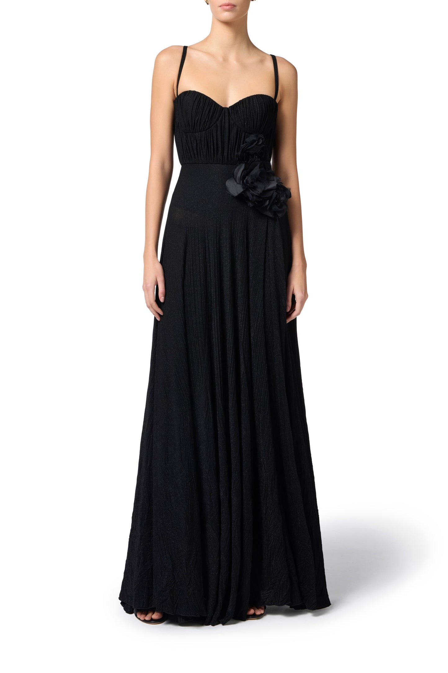 Red Carpet dress in lurex jersey with embroidered flower