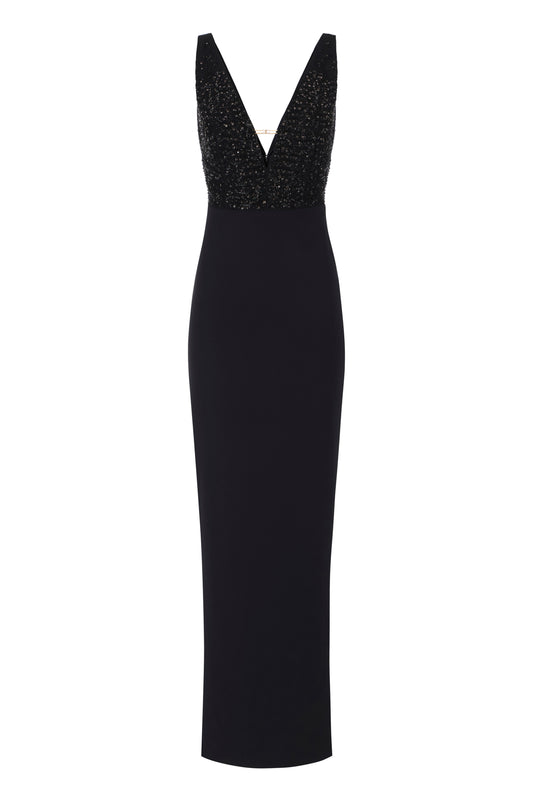 Red Carpet dress in georgette and crêpe fabrics with crystals