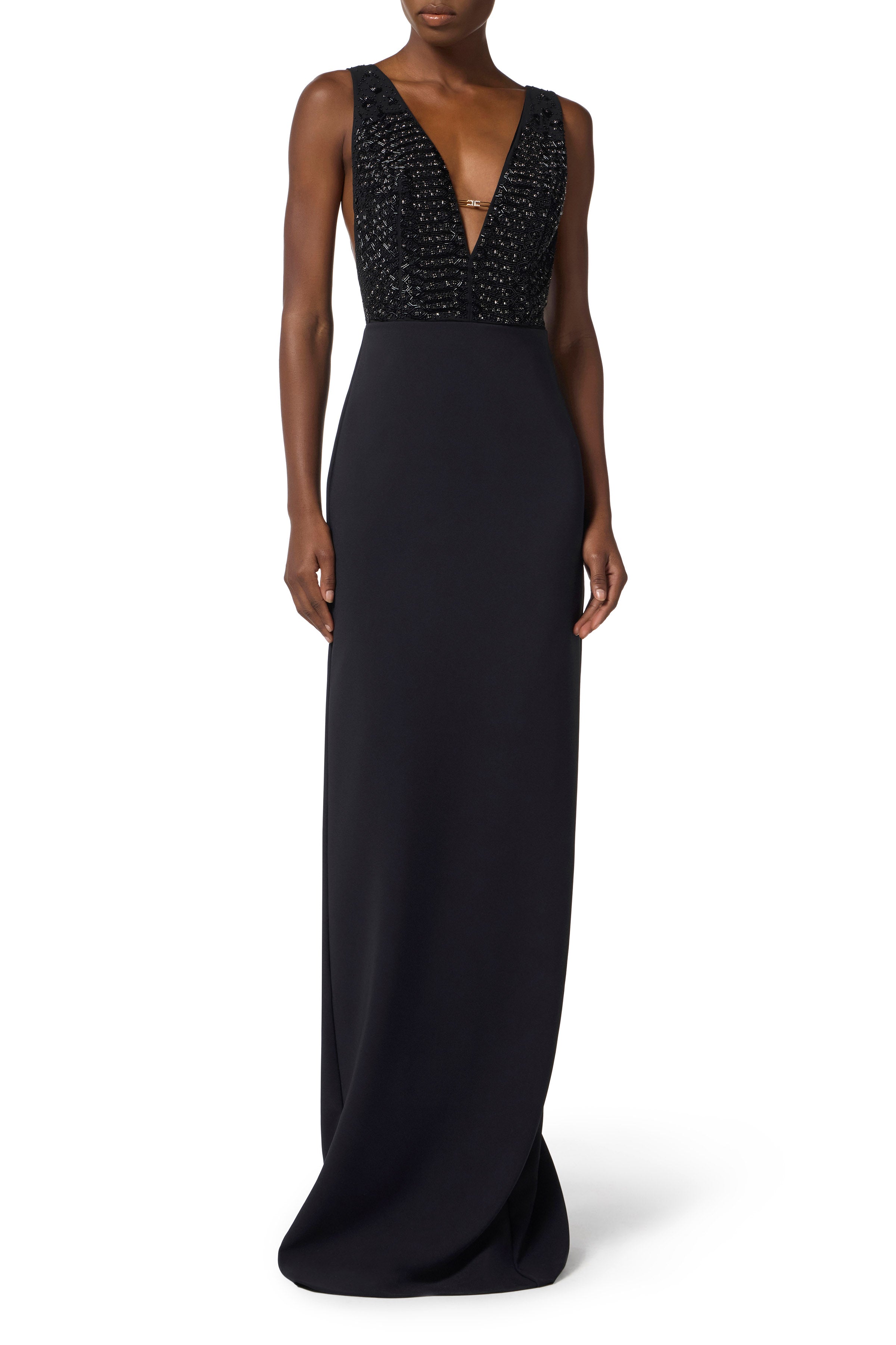 Red Carpet dress in georgette and crêpe fabrics with crystals