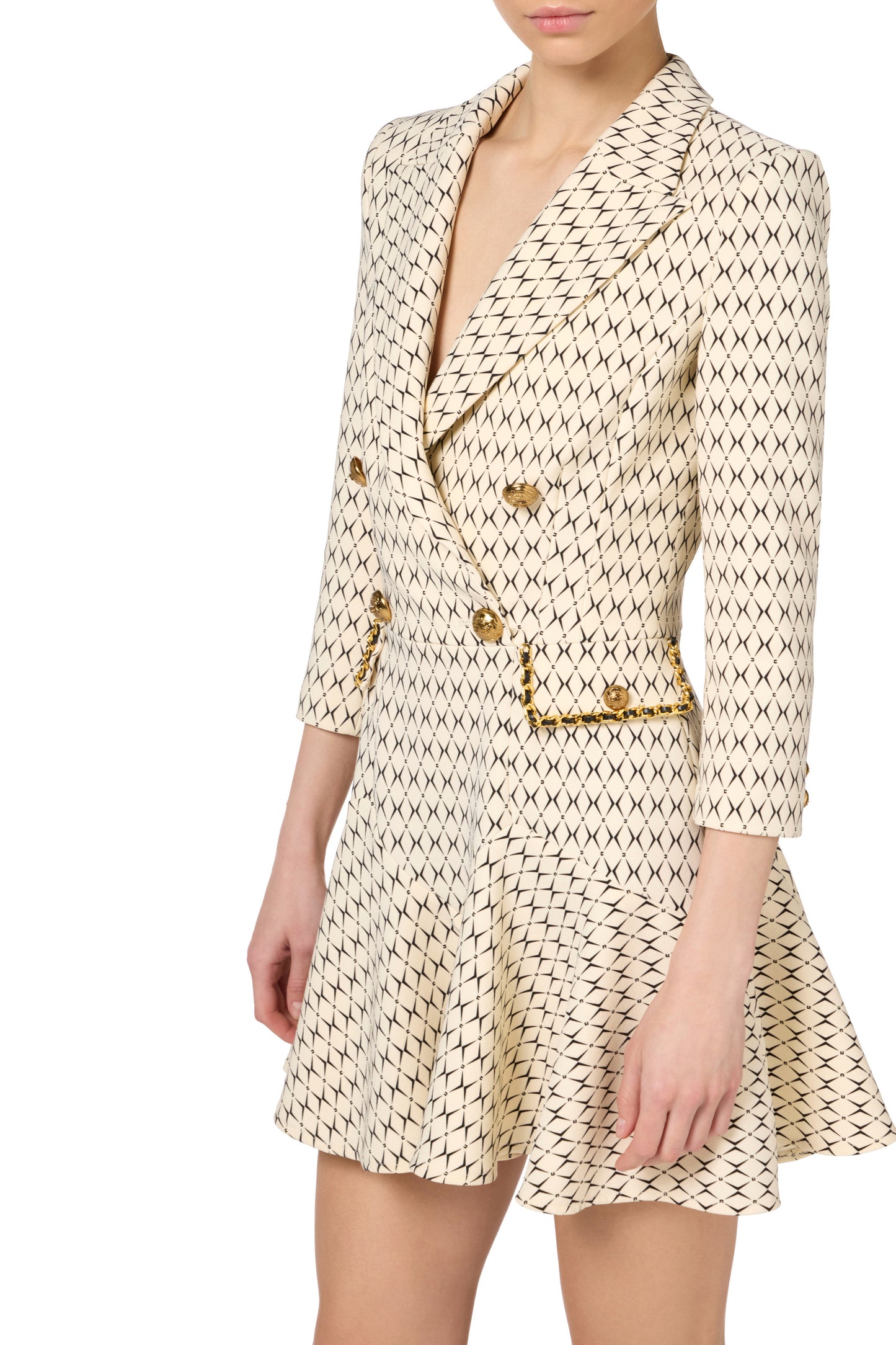 Stretch crêpe coat dress with diamond print and chain