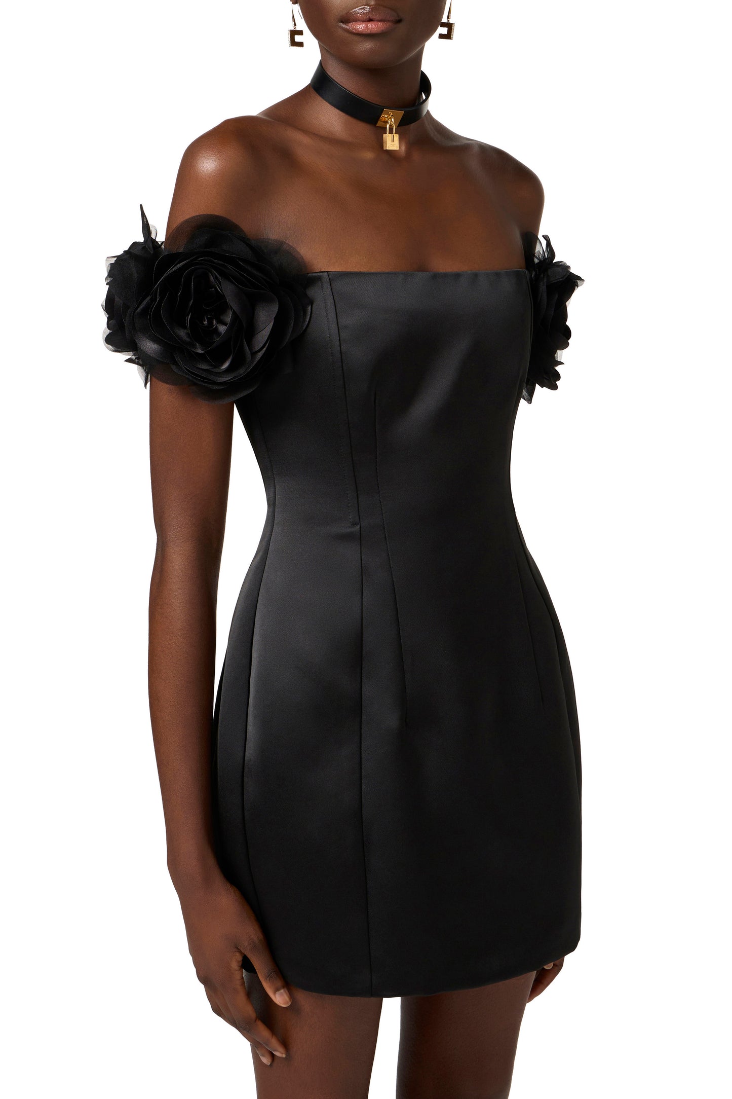 Dress in duchesse satin with applied flowers