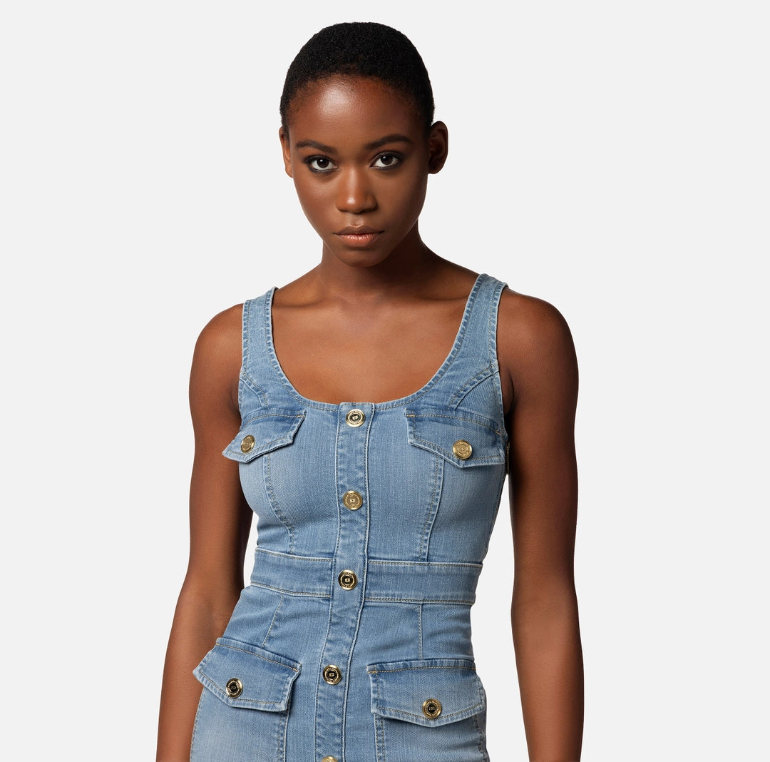 Denim mini-dress with row of buttons