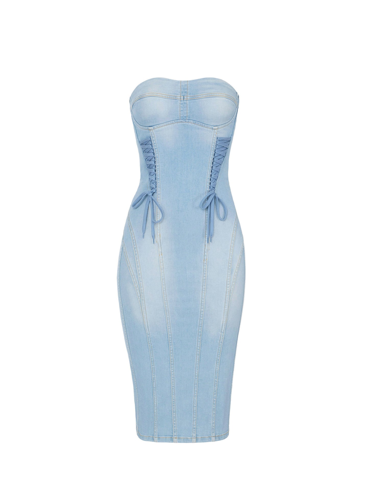 Denim dress with crossover laces