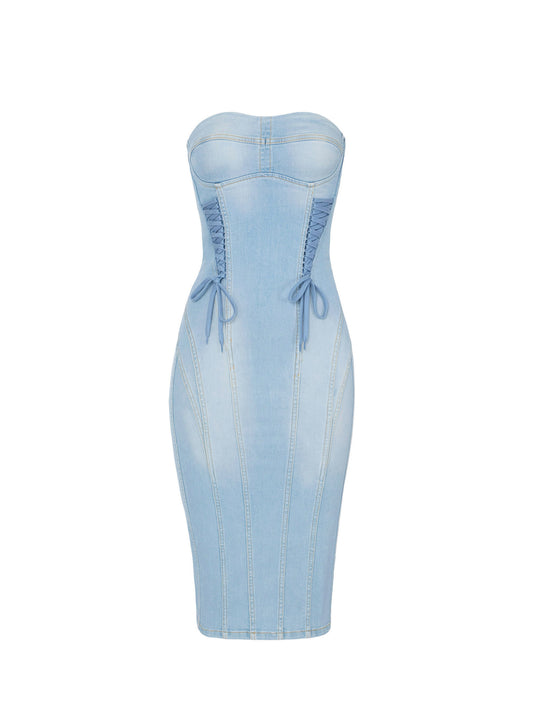 Denim dress with crossover laces