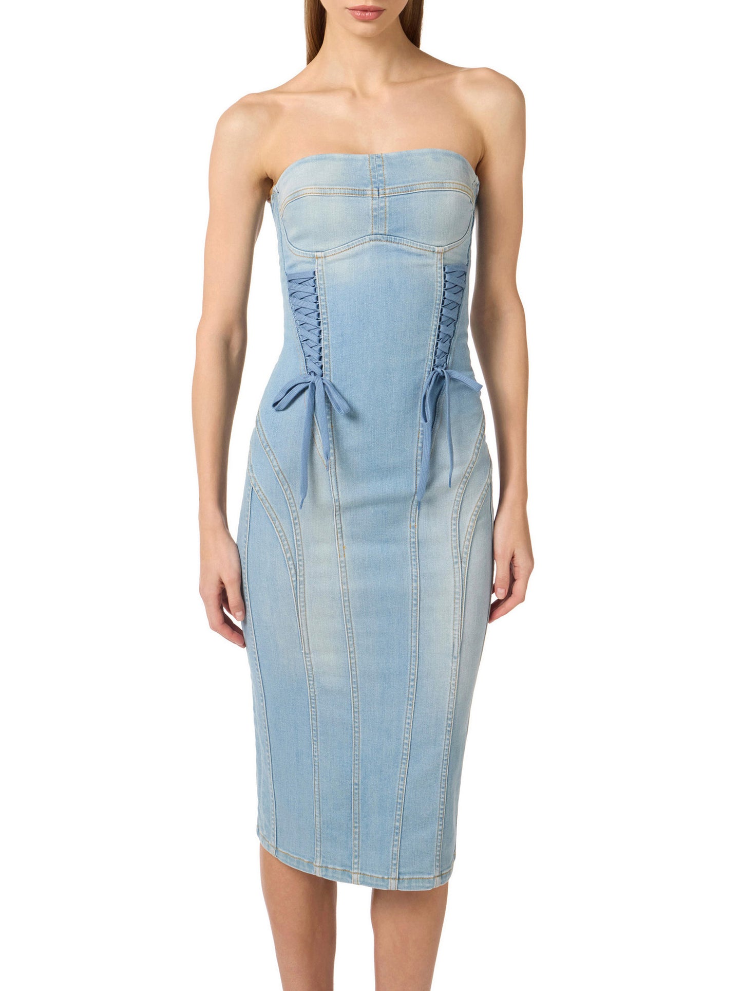 Denim dress with crossover laces
