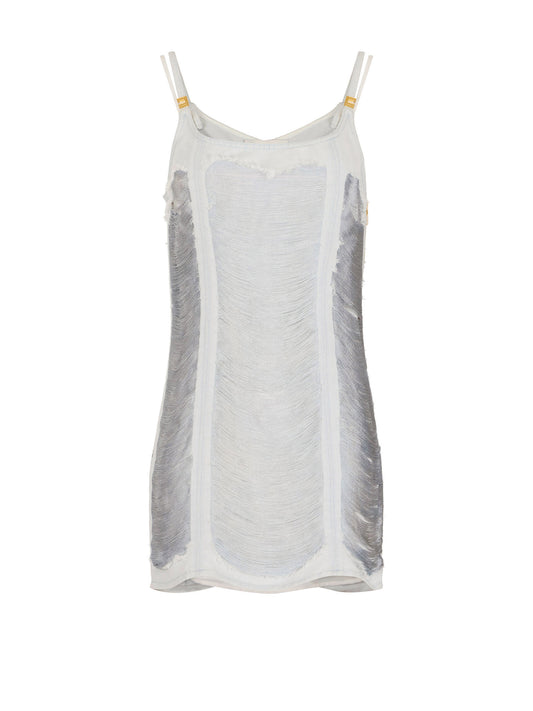 Denim mini dress with fringes
