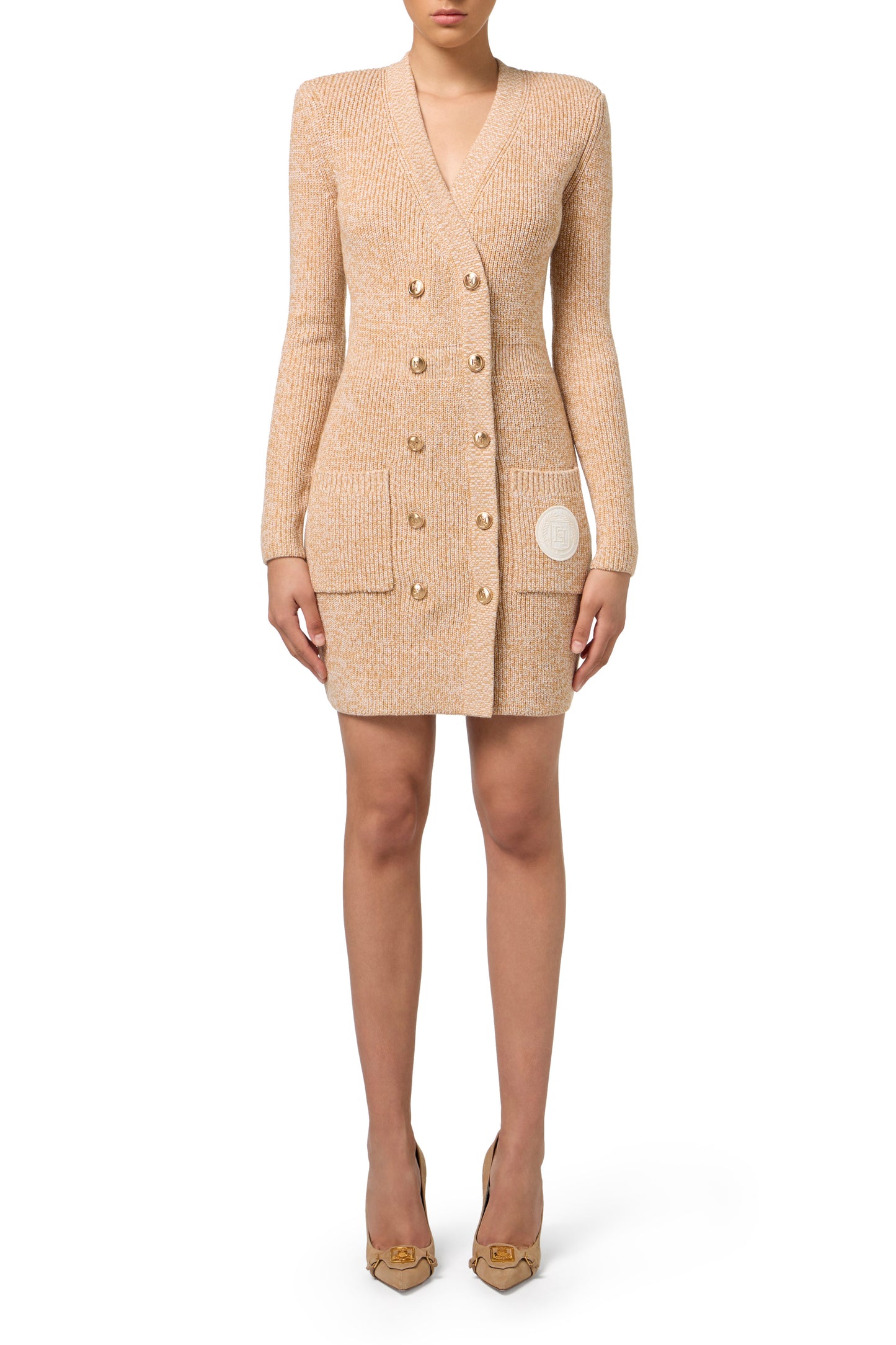 Mouliné wool double-breasted coat dress with logo patch