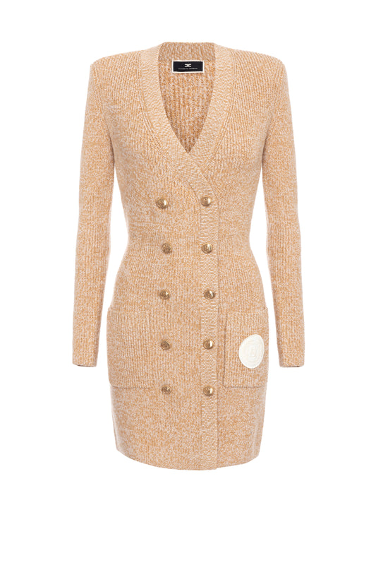 Mouliné wool double-breasted coat dress with logo patch