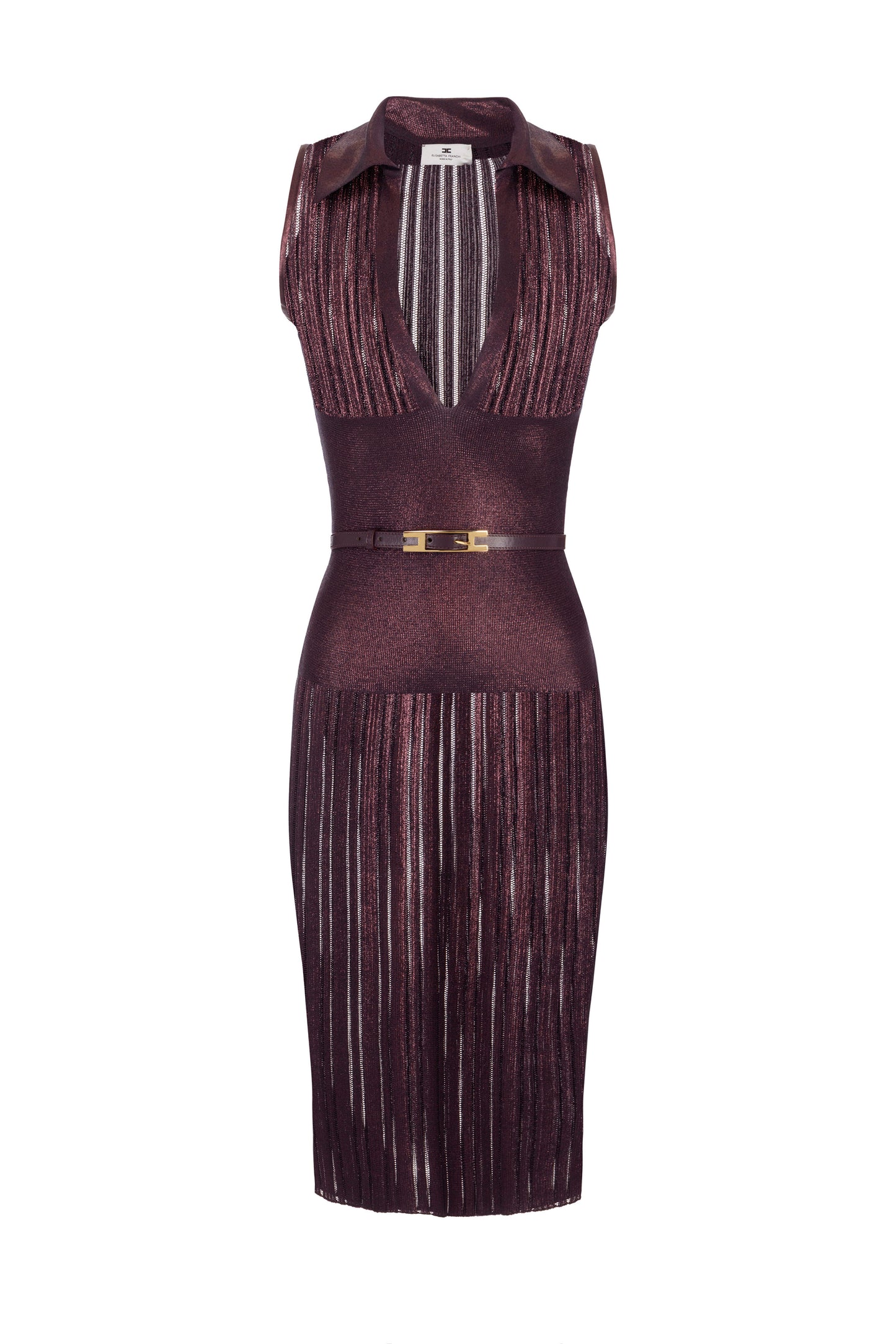 Dress in laminated knit fabric with belt