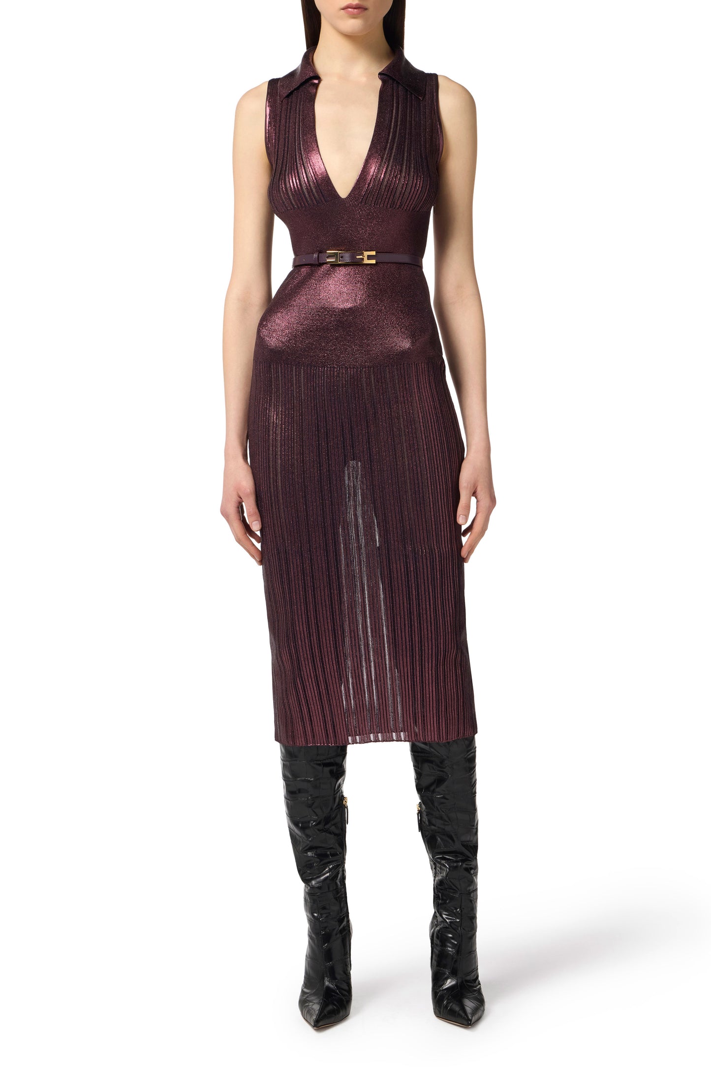 Dress in laminated knit fabric with belt
