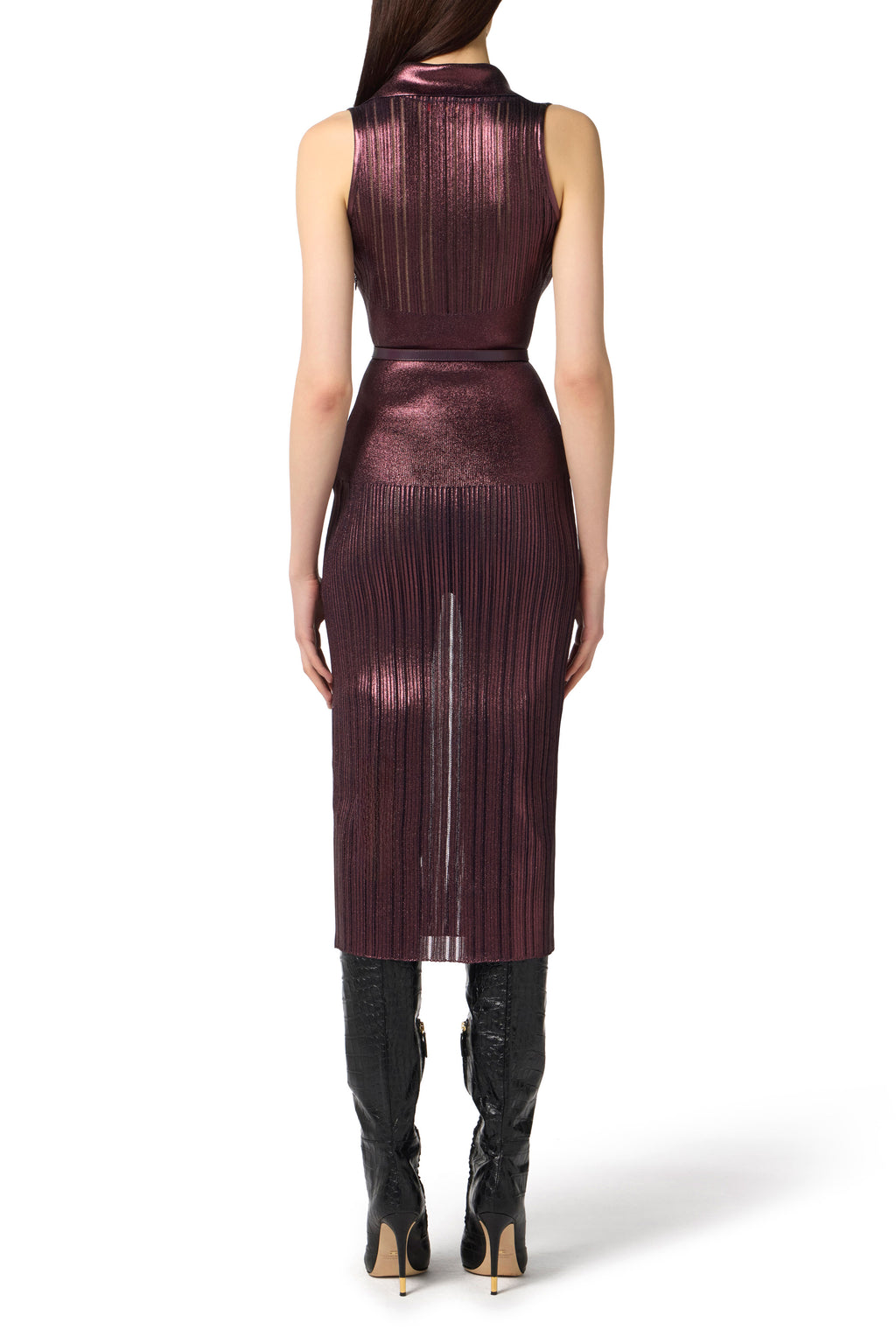 Dress in laminated knit fabric with belt