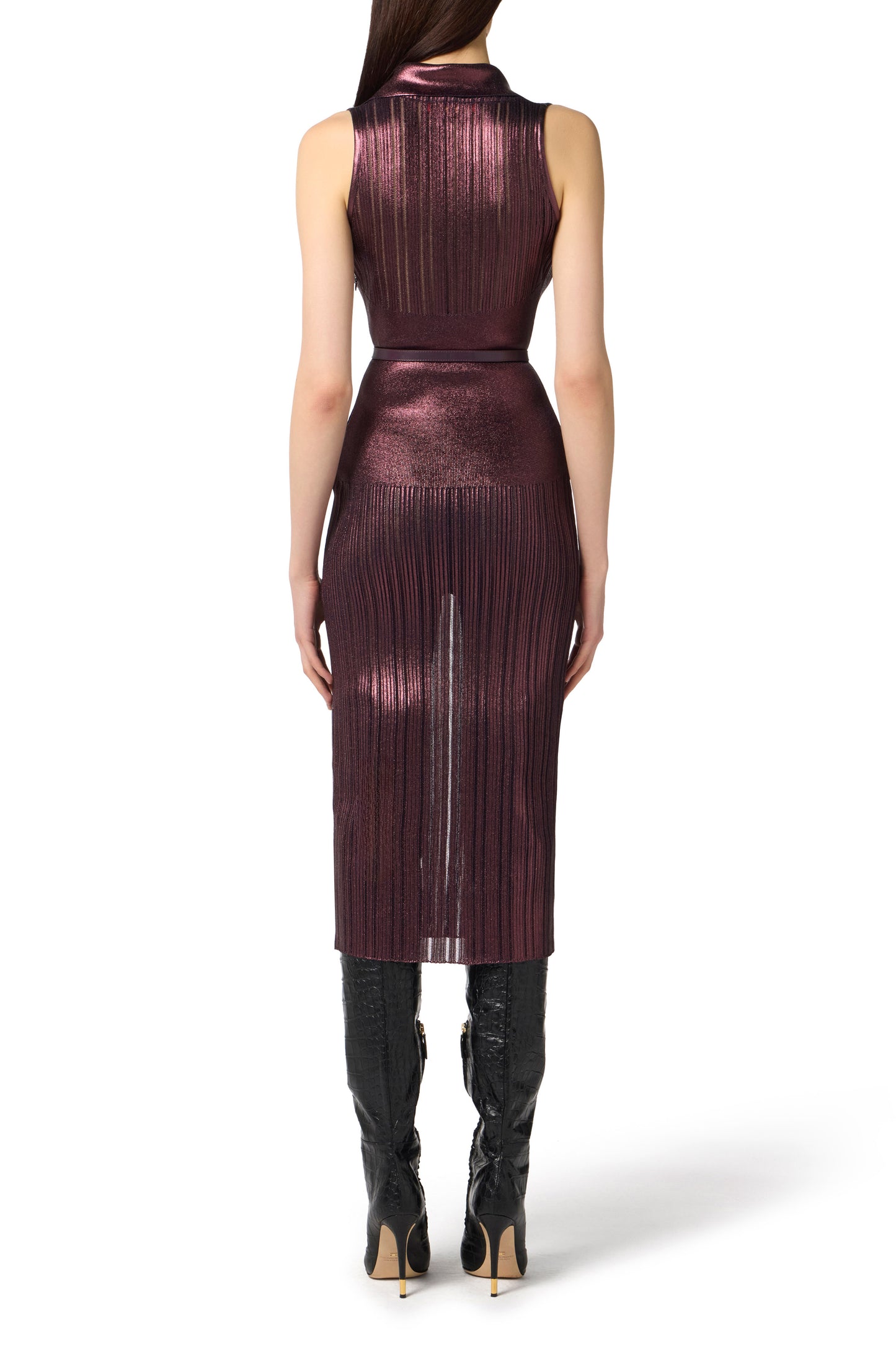 Dress in laminated knit fabric with belt
