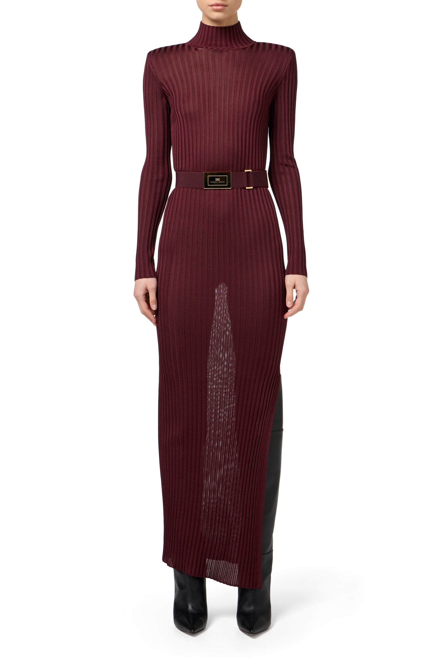 Turtleneck dress in ribbed shiny viscose fabric with belt