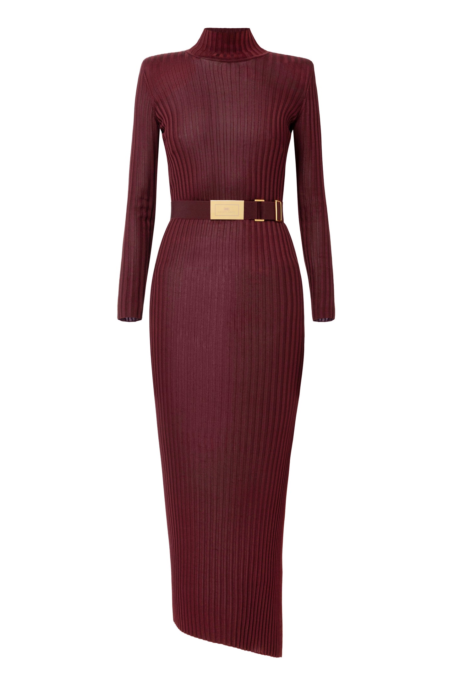 Turtleneck dress in ribbed shiny viscose fabric with belt