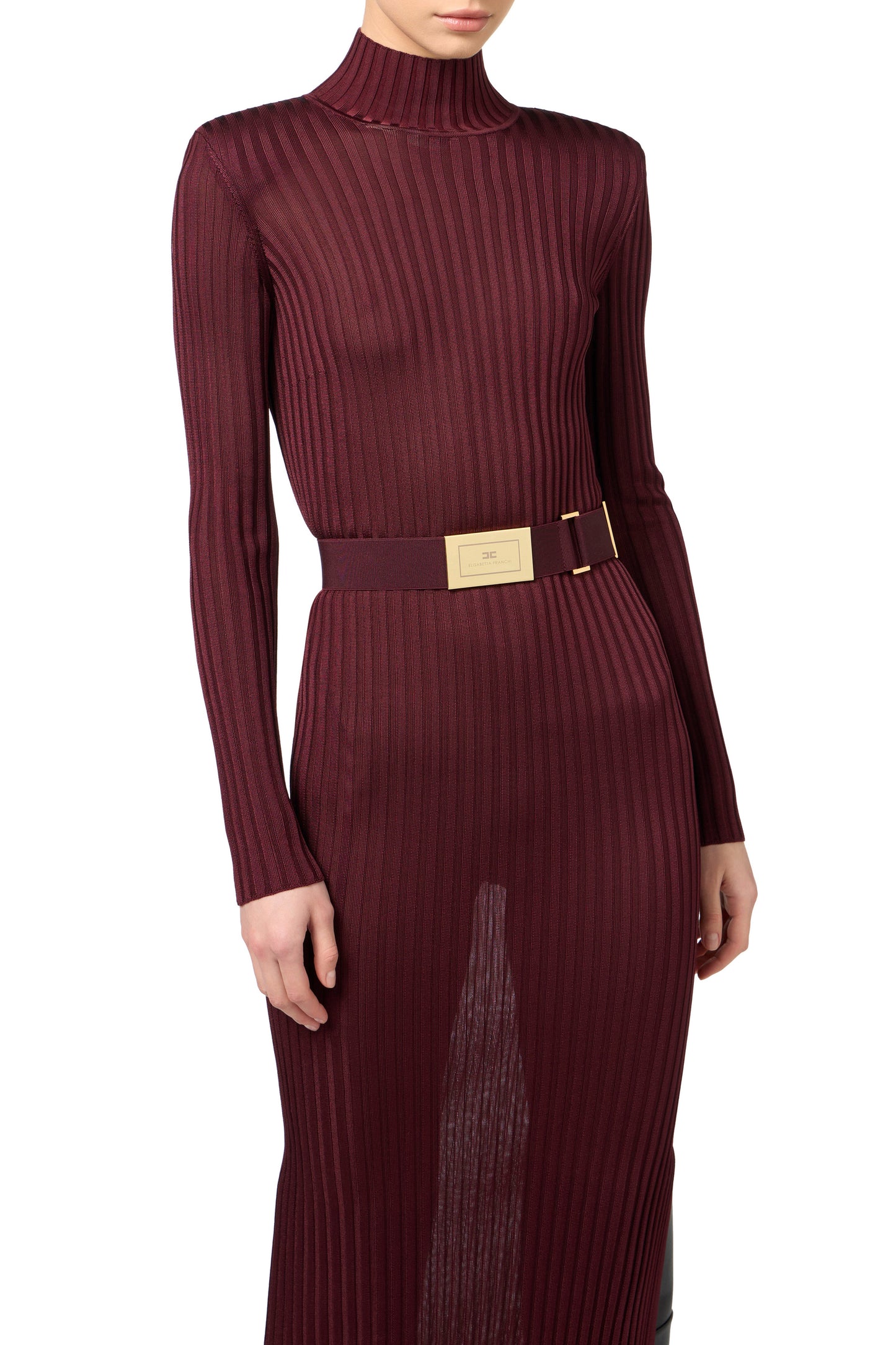 Turtleneck dress in ribbed shiny viscose fabric with belt