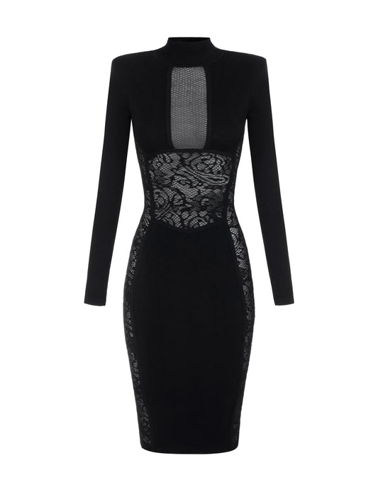 Dress in knit and lace fabric in Nero – luxury fashion at Meranesy